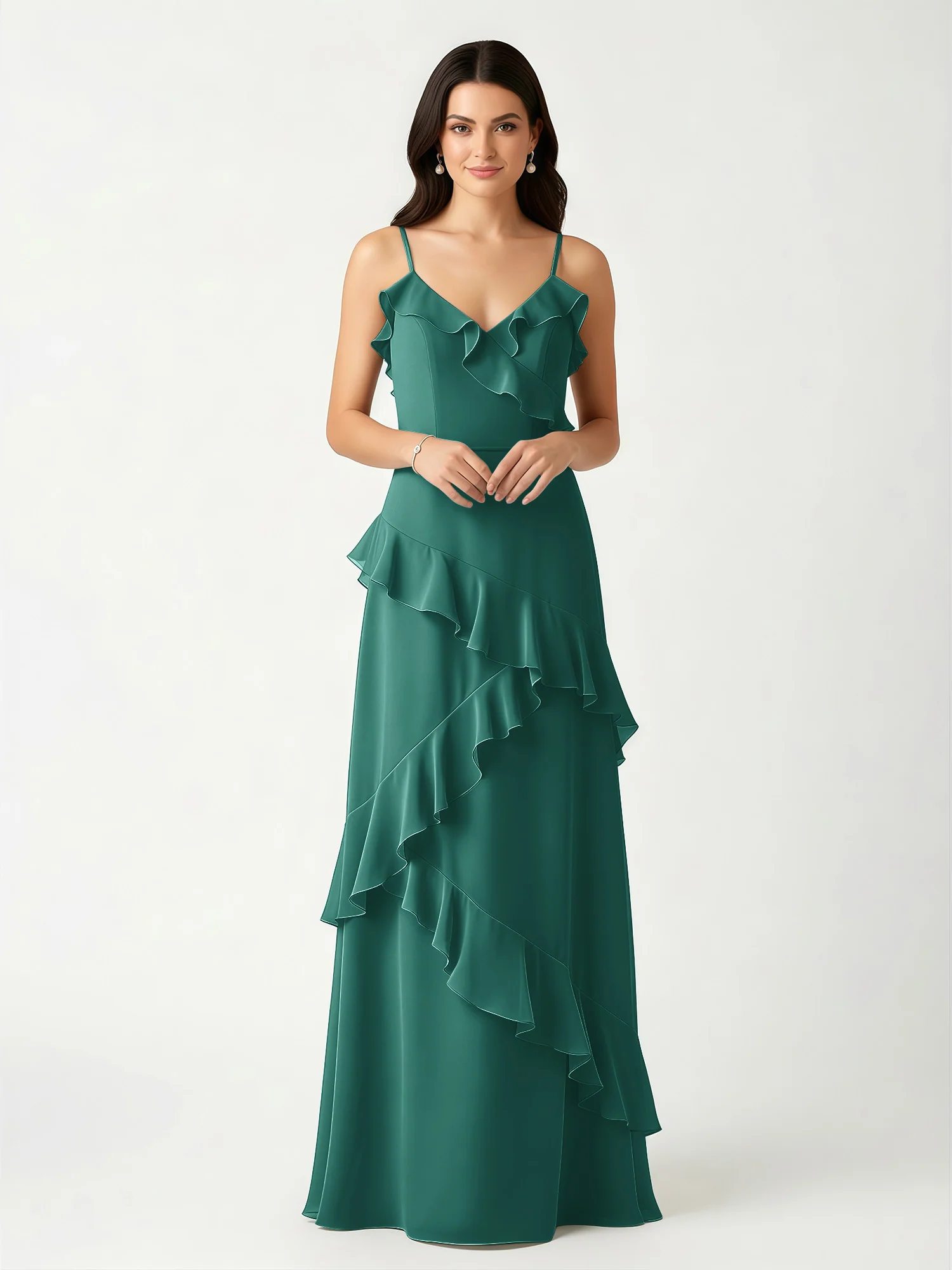 A-Line Chiffon Ruffle Floor Length V-Neck Dresses Peacock