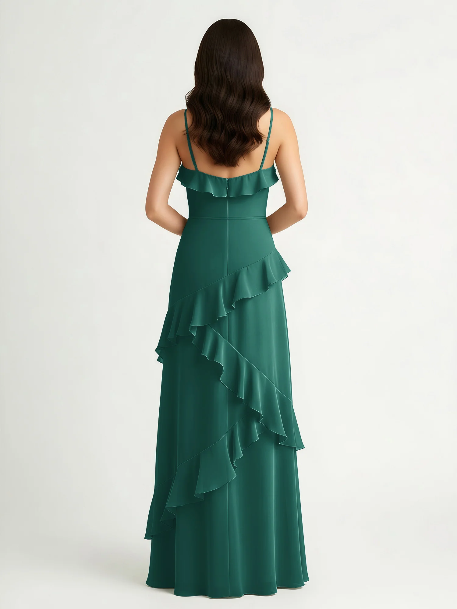 A-Line Chiffon Ruffle Floor Length V-Neck Dresses Peacock - Image 2