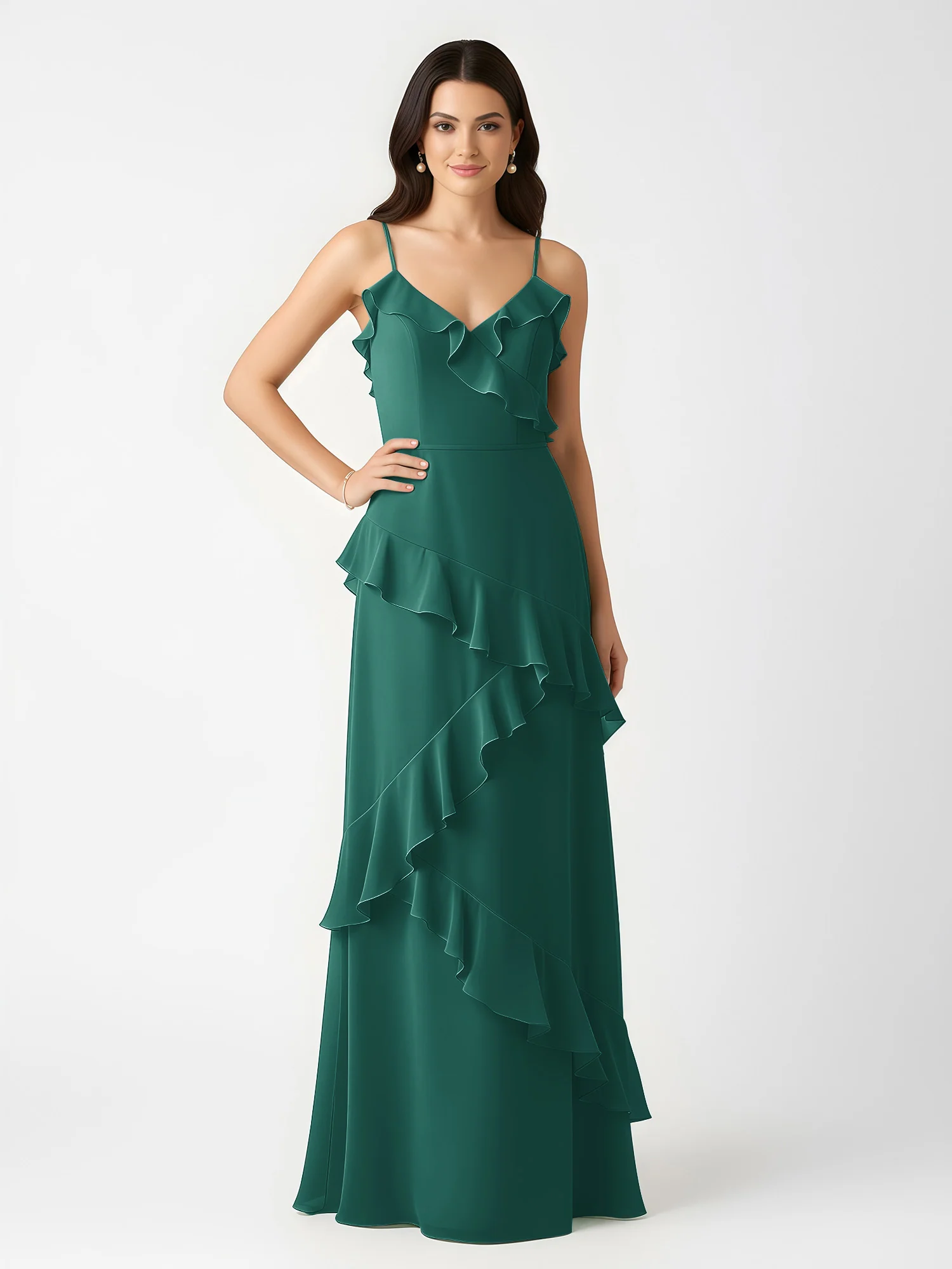 A-Line Chiffon Ruffle Floor Length V-Neck Dresses Peacock - Image 3