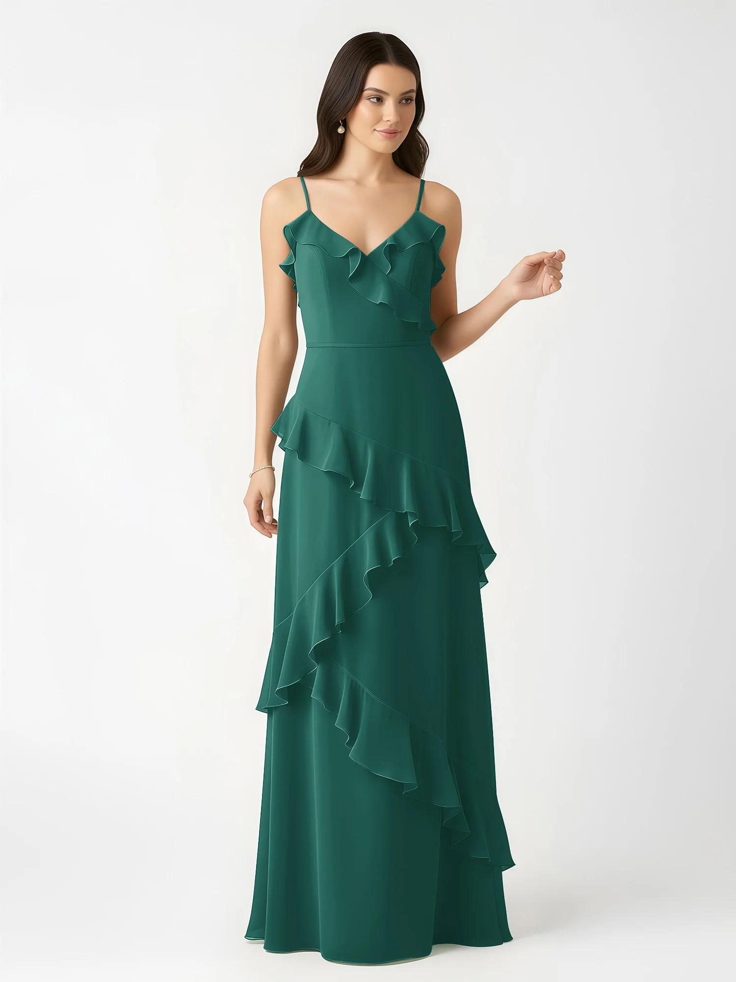 A-Line Chiffon Ruffle Floor Length V-Neck Dresses Peacock - Image 4