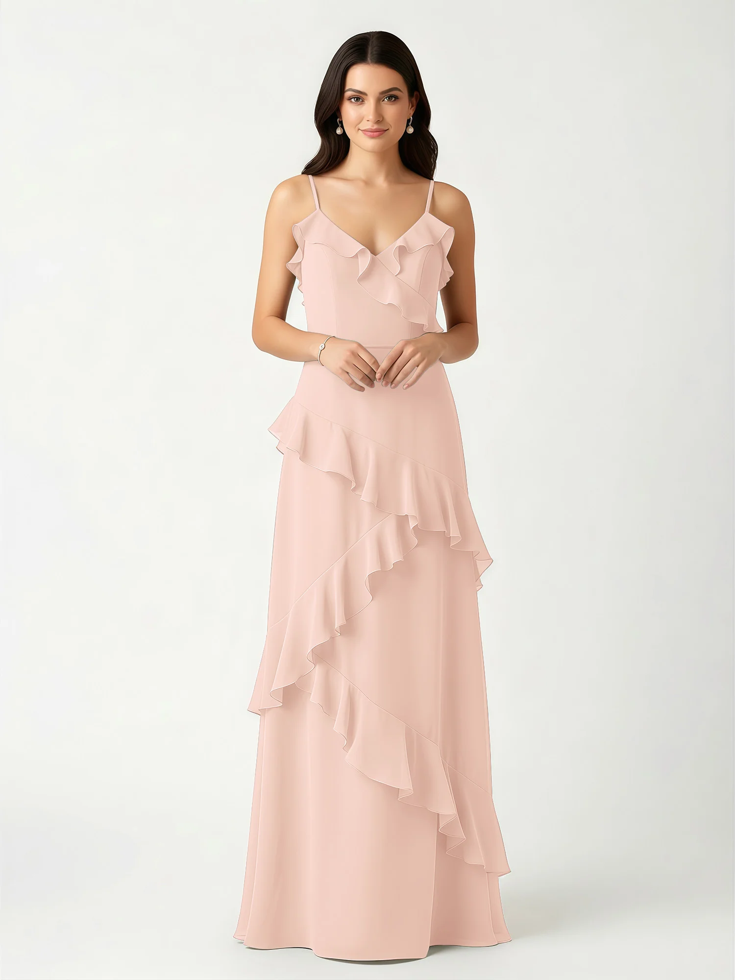 A-Line Chiffon Ruffle Floor Length V-Neck Dresses Pearl Pink