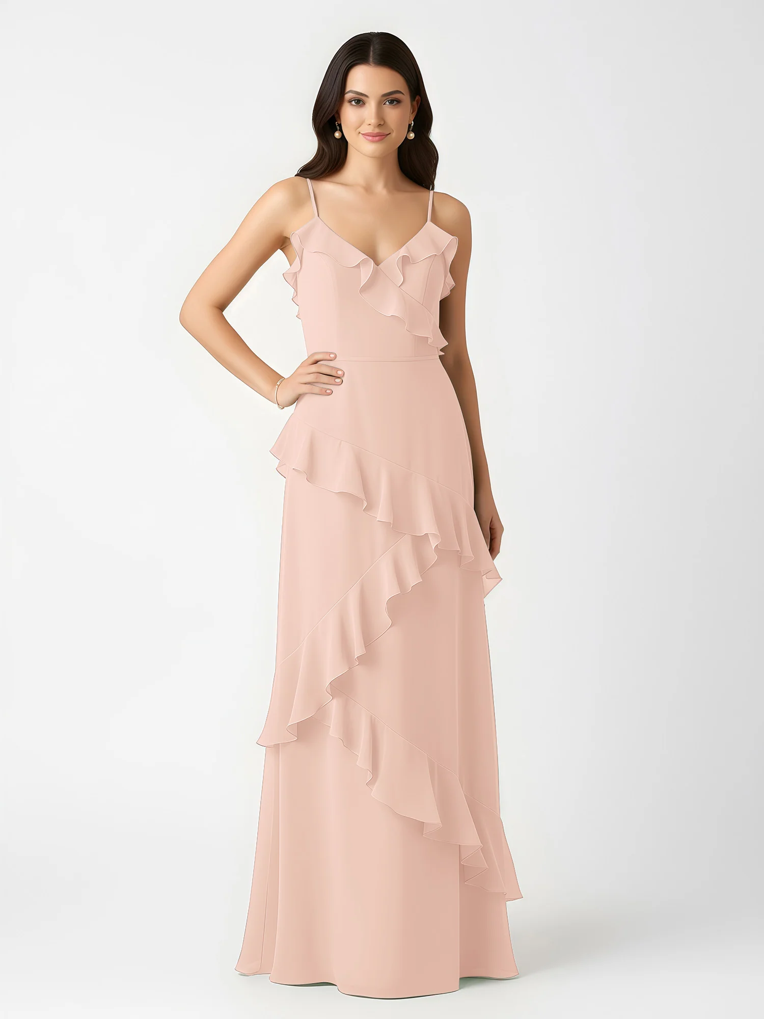 A-Line Chiffon Ruffle Floor Length V-Neck Dresses Pearl Pink - Image 3