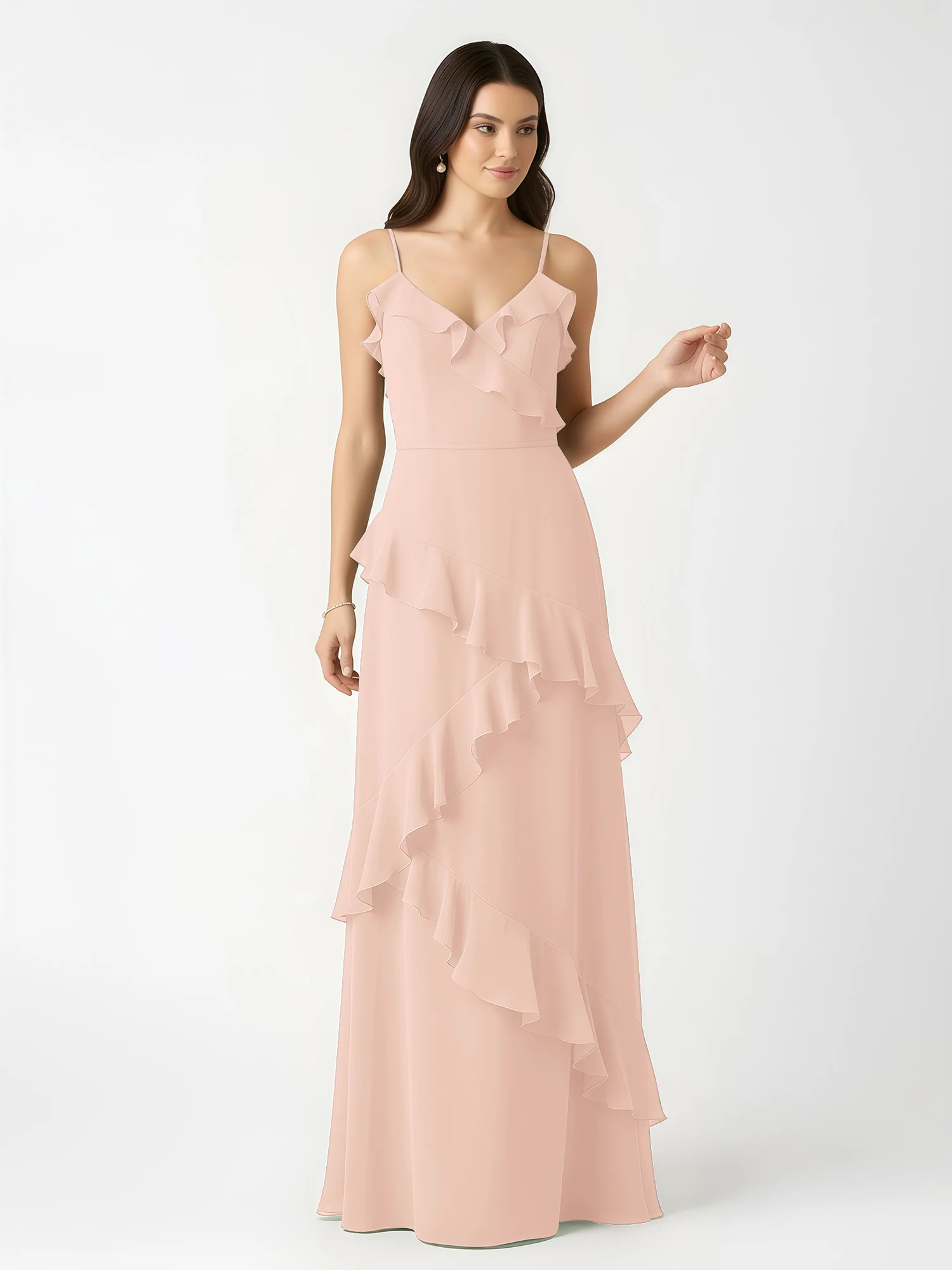 A-Line Chiffon Ruffle Floor Length V-Neck Dresses Pearl Pink - Image 4