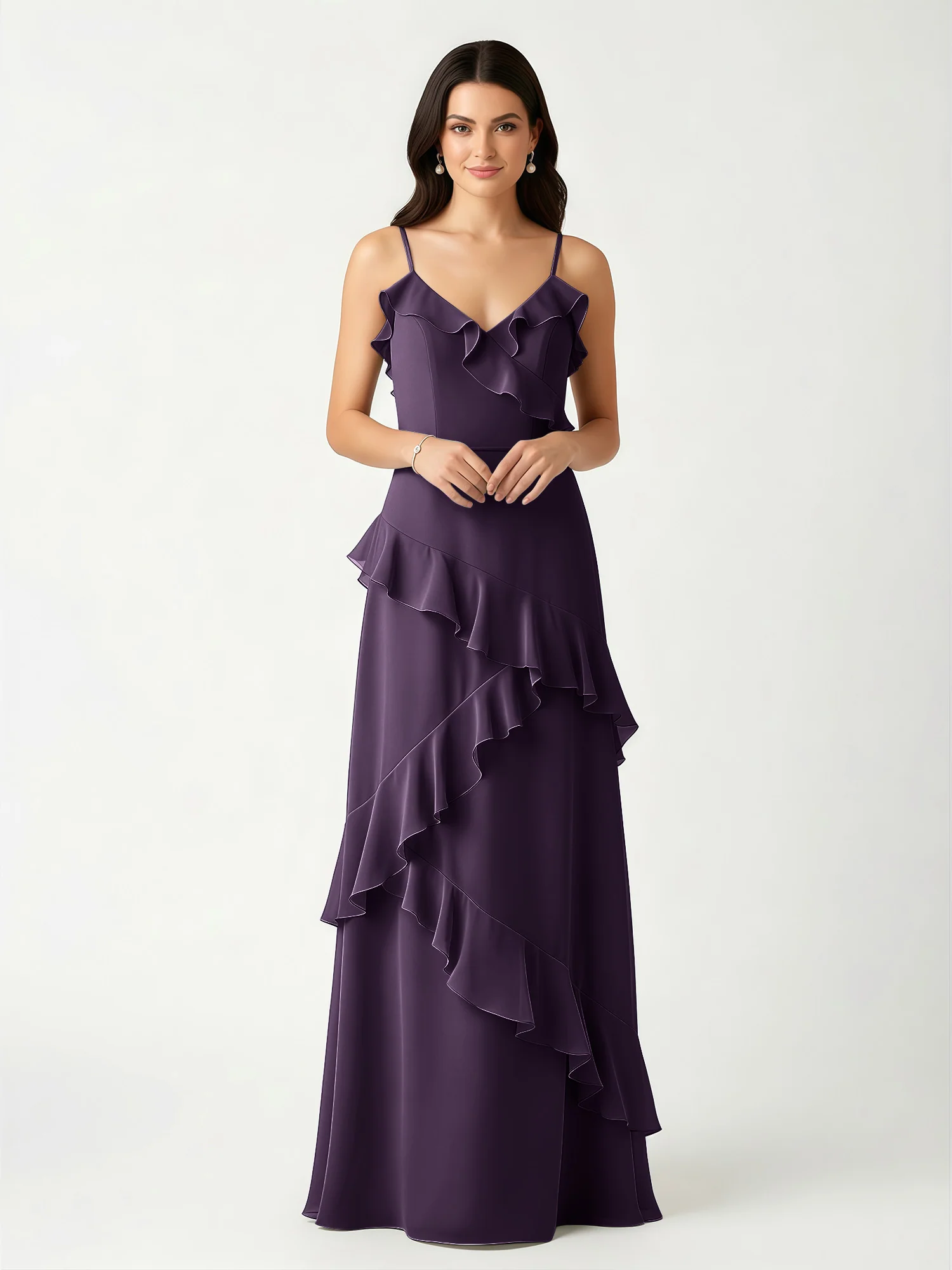 A-Line Chiffon Ruffle Floor Length V-Neck Dresses Plum