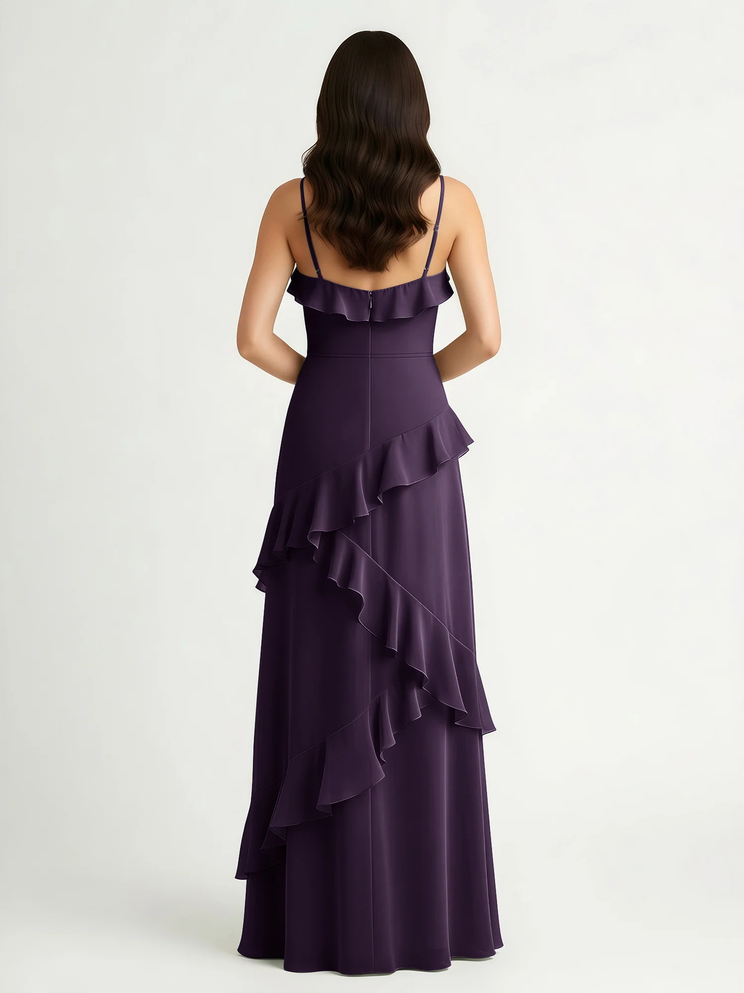 A-Line Chiffon Ruffle Floor Length V-Neck Dresses Plum - Image 2