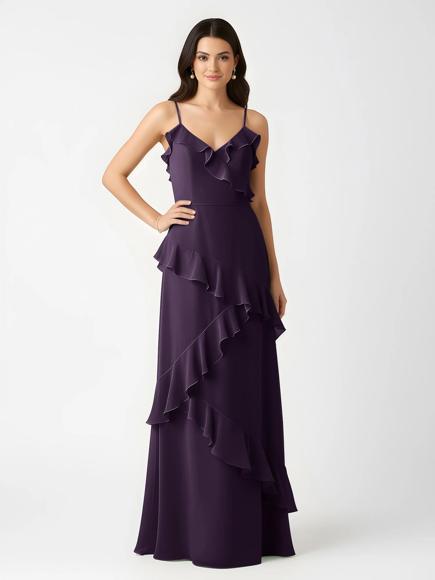 A-Line Chiffon Ruffle Floor Length V-Neck Dresses Plum - Image 3