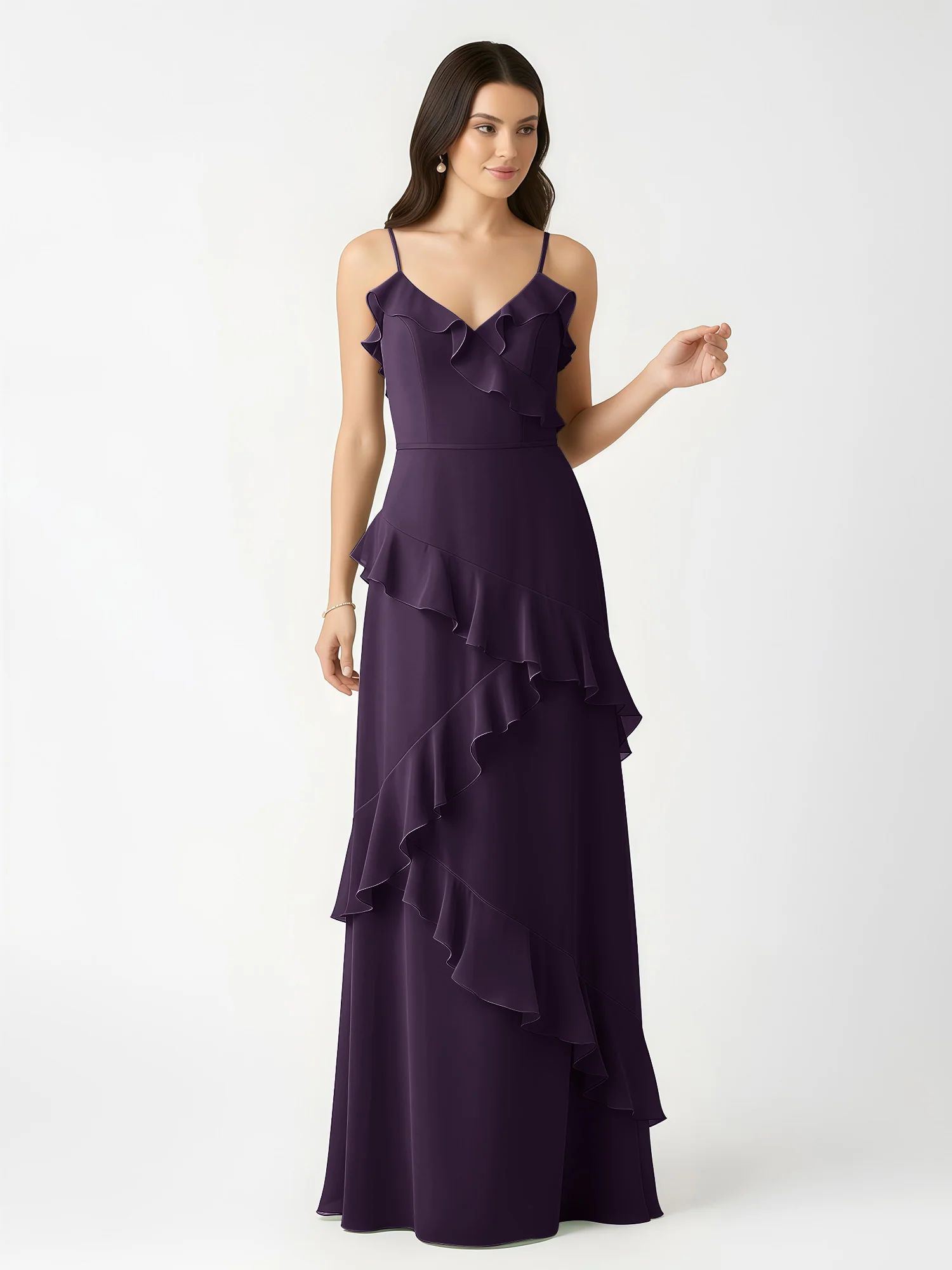A-Line Chiffon Ruffle Floor Length V-Neck Dresses Plum - Image 4