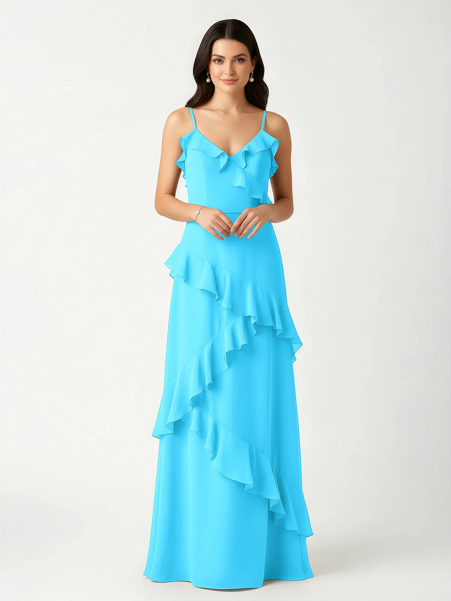 A-Line Chiffon Ruffle Floor Length V-Neck Dresses Pool