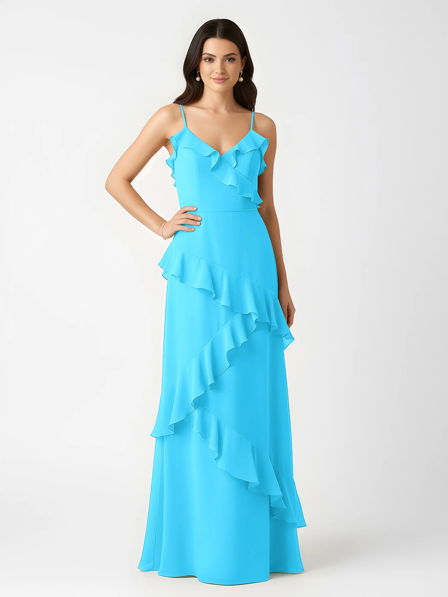 A-Line Chiffon Ruffle Floor Length V-Neck Dresses Pool - Image 3