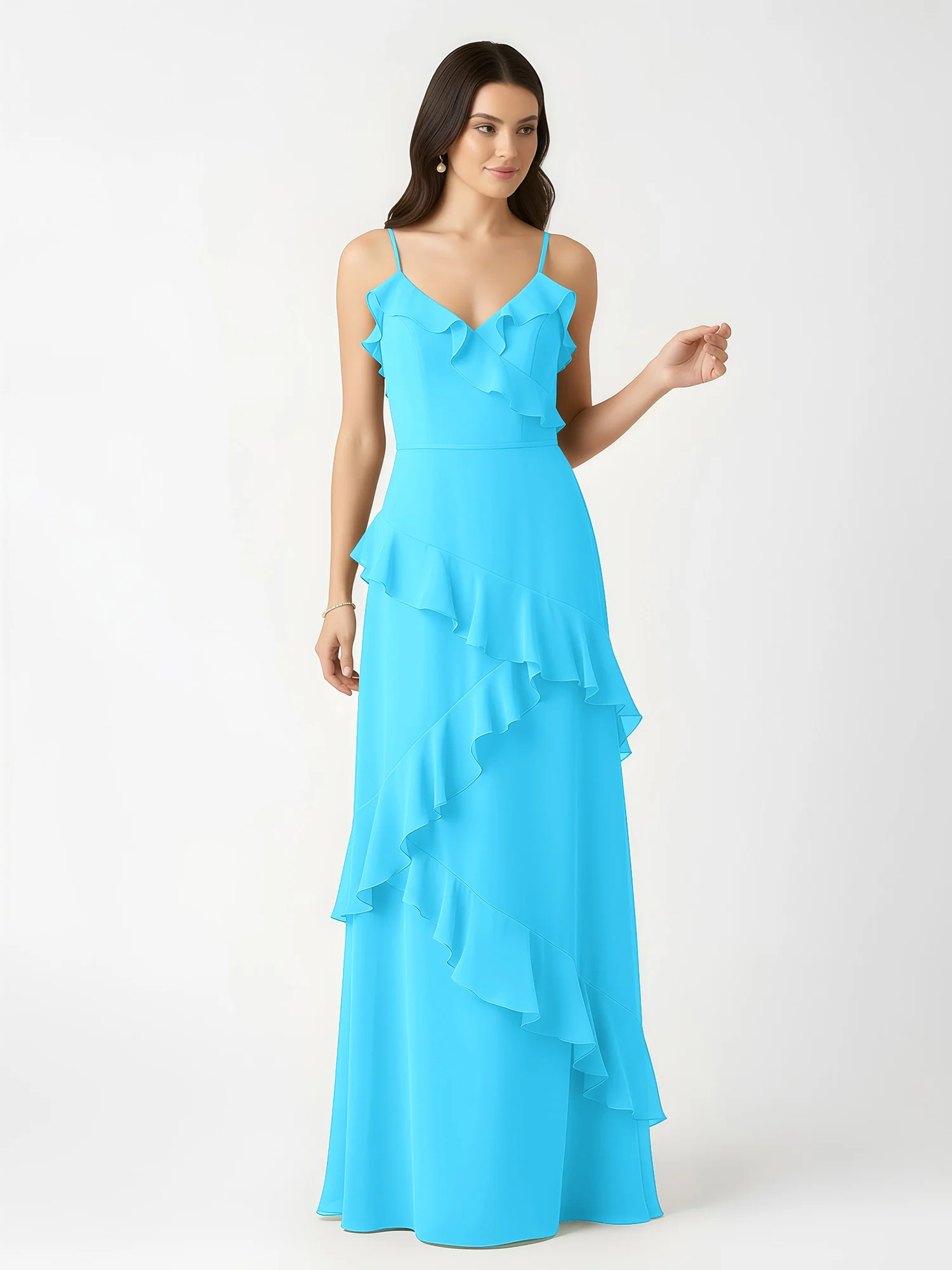A-Line Chiffon Ruffle Floor Length V-Neck Dresses Pool - Image 4