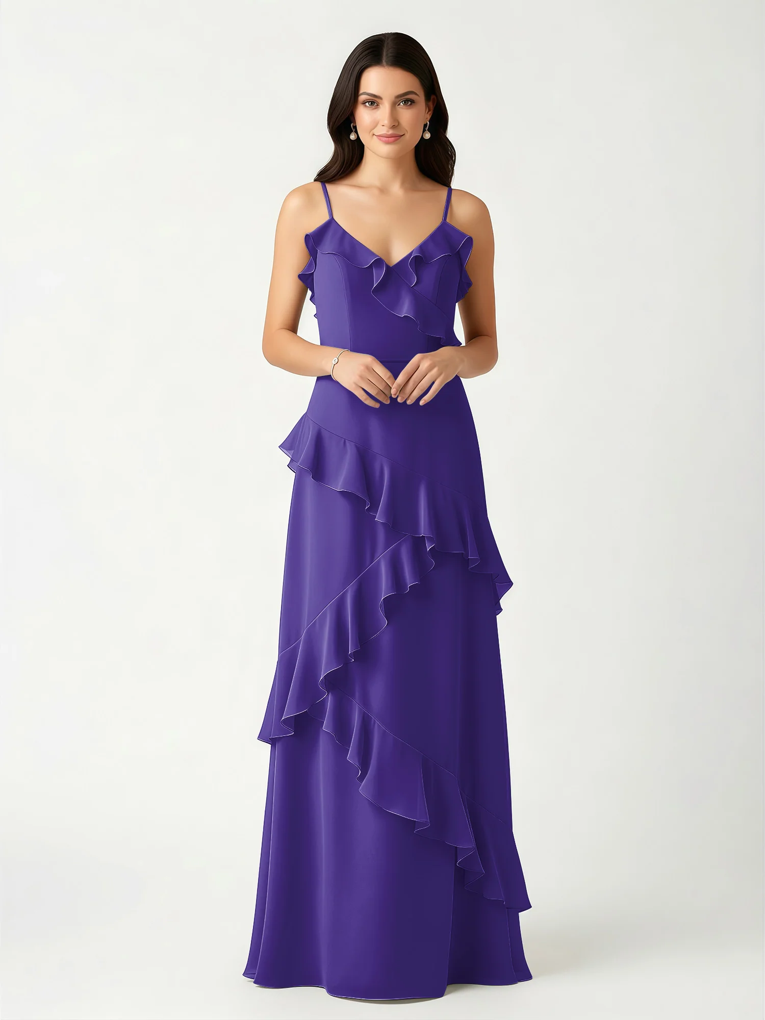 A-Line Chiffon Ruffle Floor Length V-Neck Dresses Regency