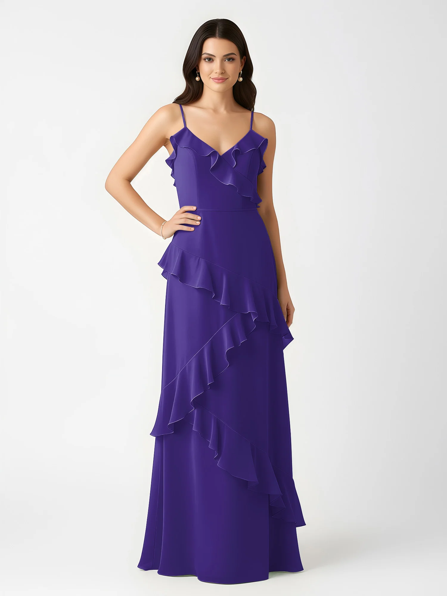 A-Line Chiffon Ruffle Floor Length V-Neck Dresses Regency - Image 3