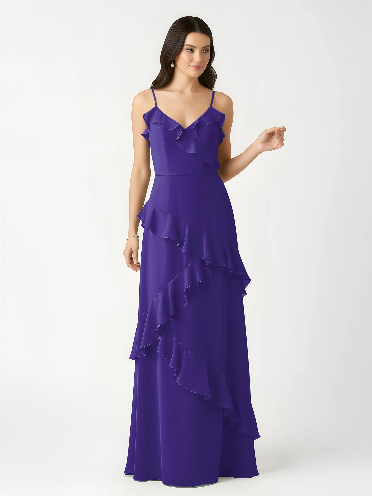 A-Line Chiffon Ruffle Floor Length V-Neck Dresses Regency - Image 4