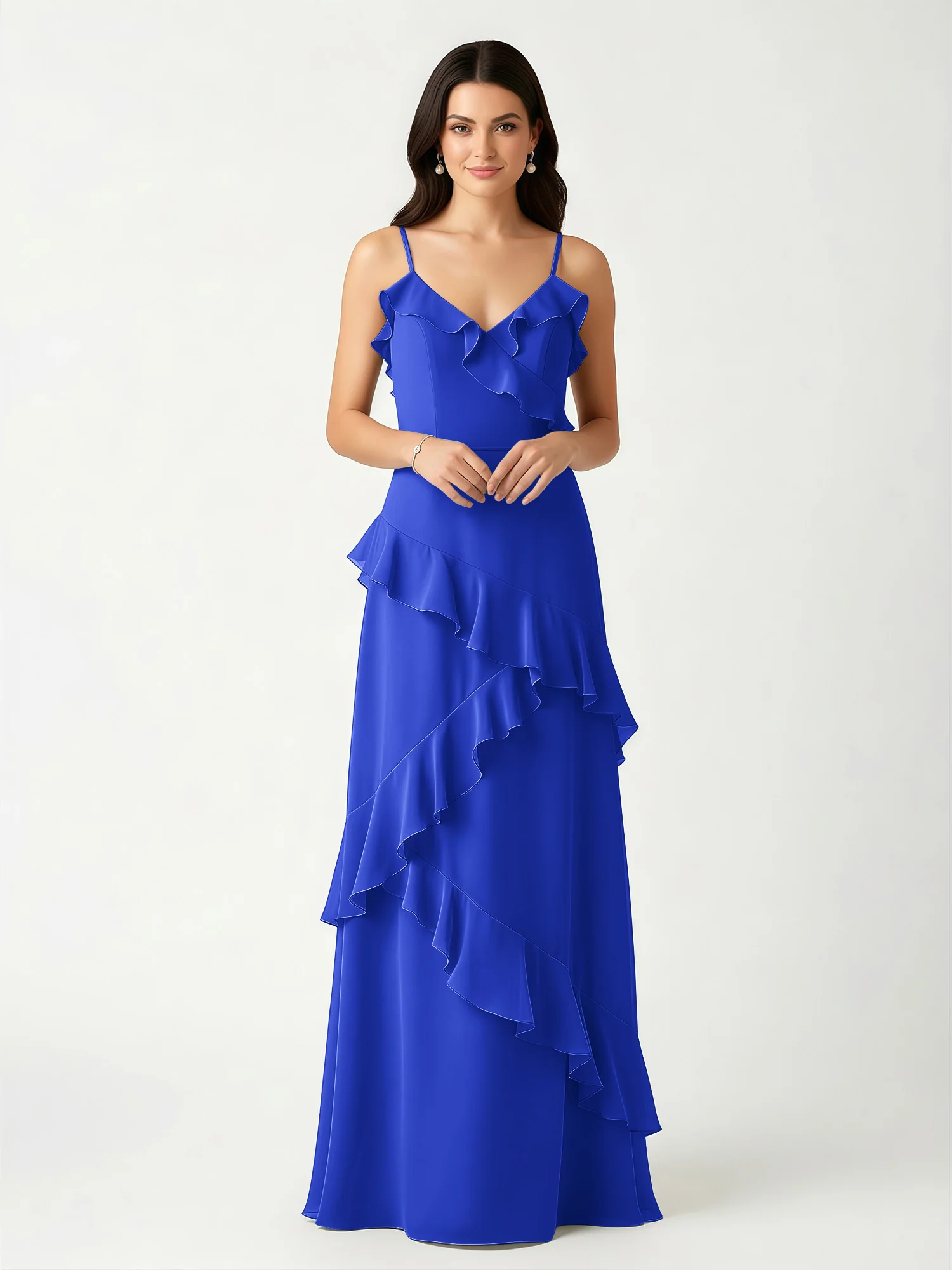 A-Line Chiffon Ruffle Floor Length V-Neck Dresses Royal Blue