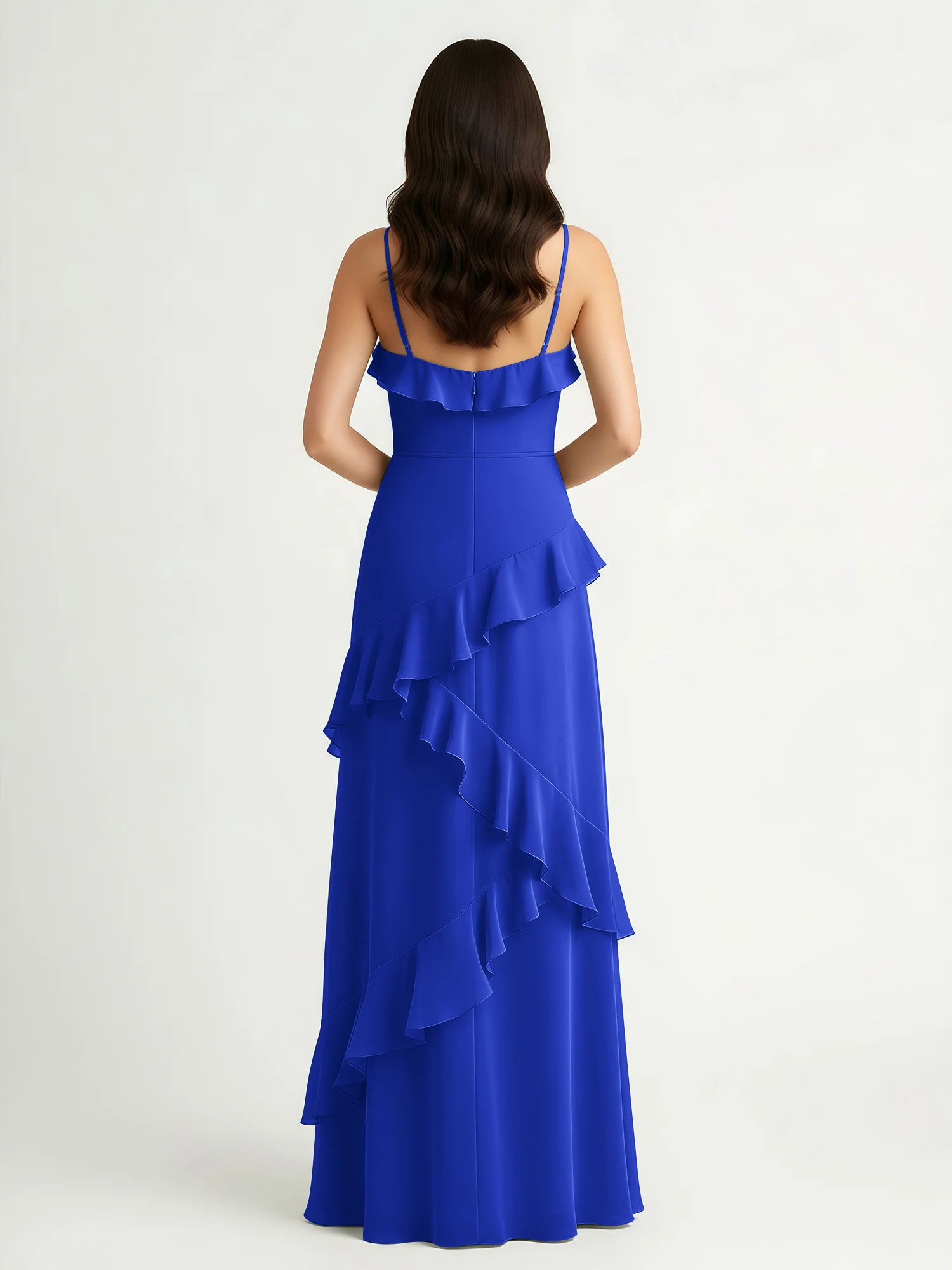 A-Line Chiffon Ruffle Floor Length V-Neck Dresses Royal Blue - Image 2