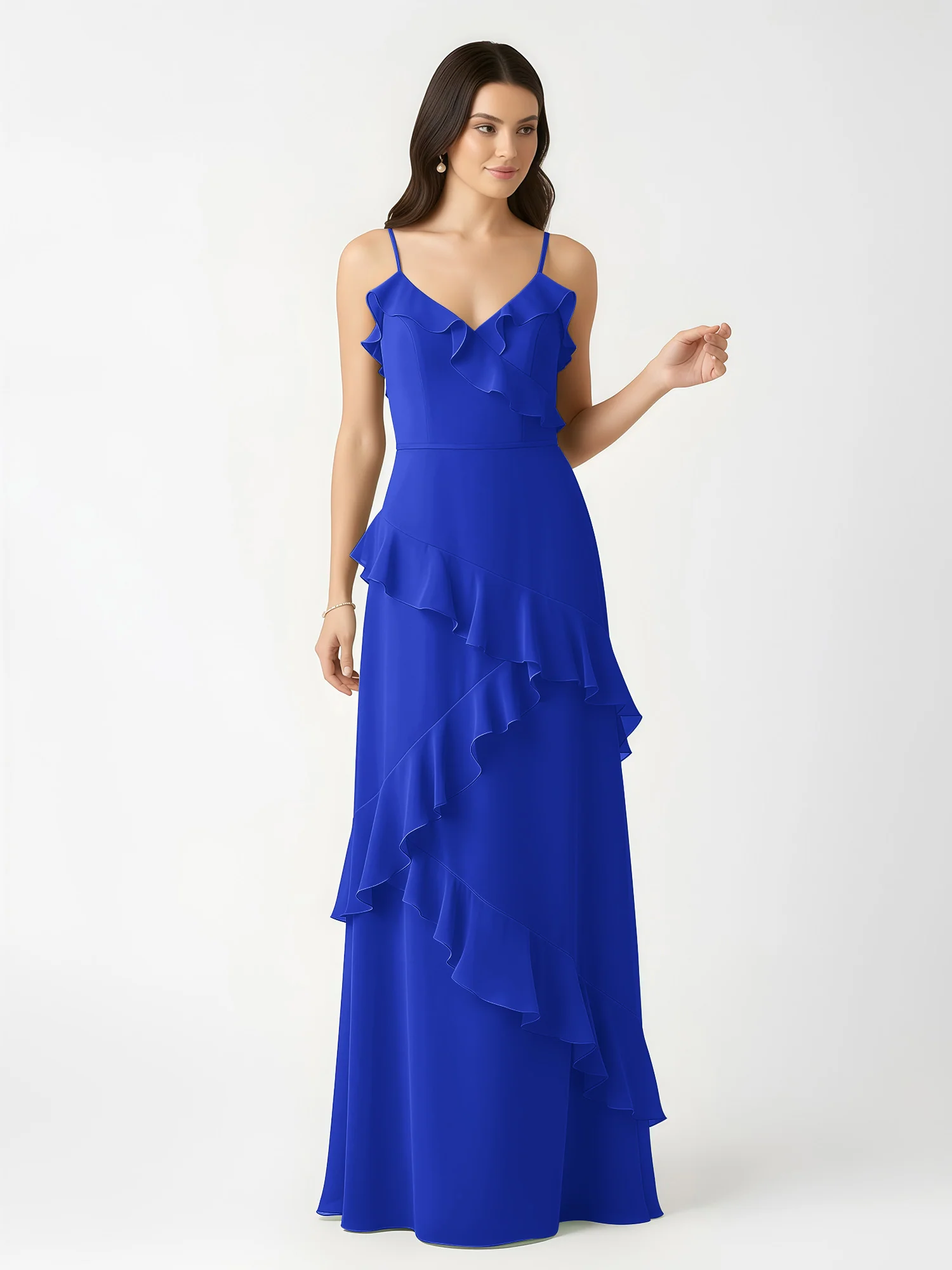 A-Line Chiffon Ruffle Floor Length V-Neck Dresses Royal Blue - Image 4