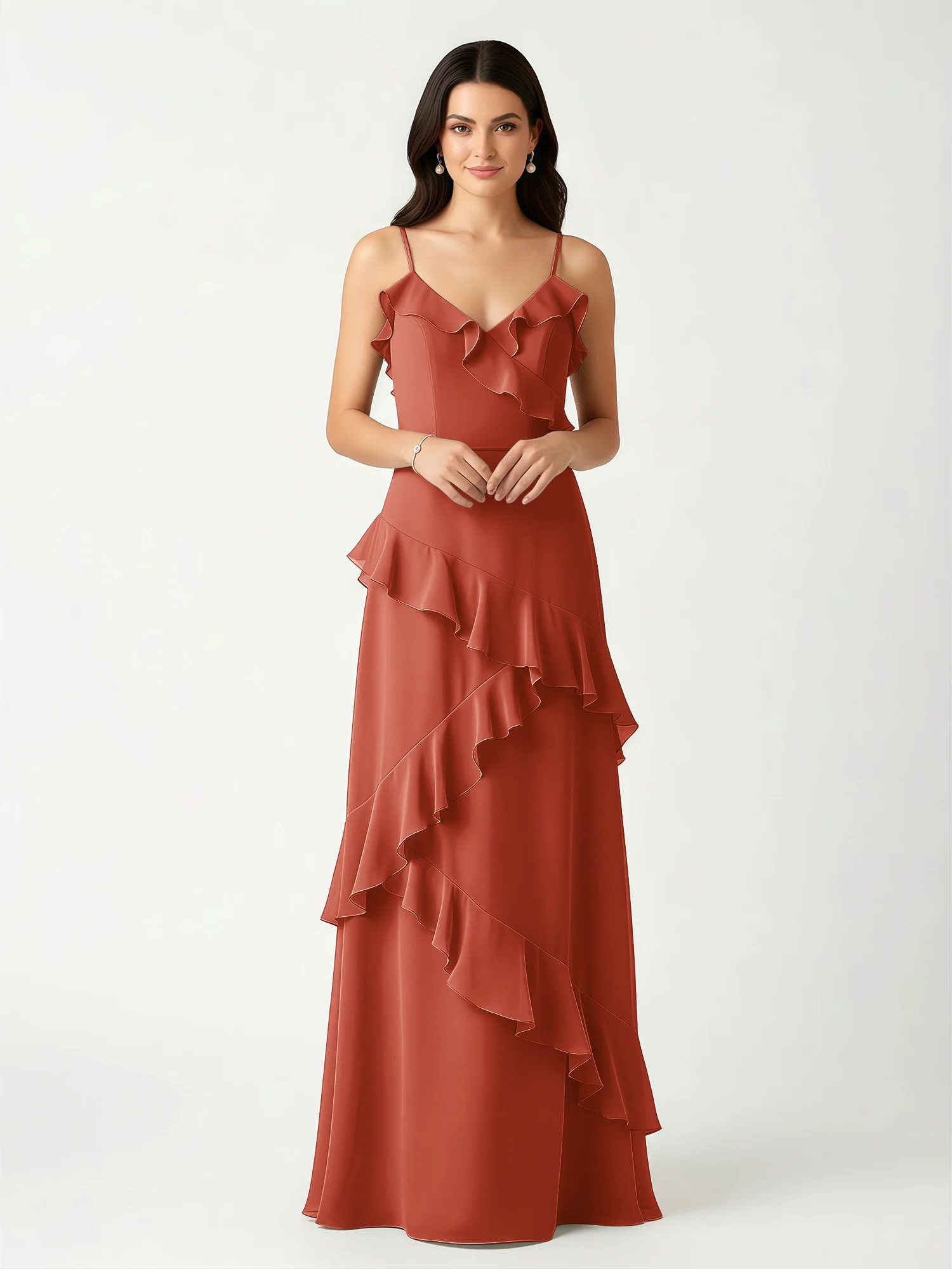 A-Line Chiffon Ruffle Floor Length V-Neck Dresses Rust