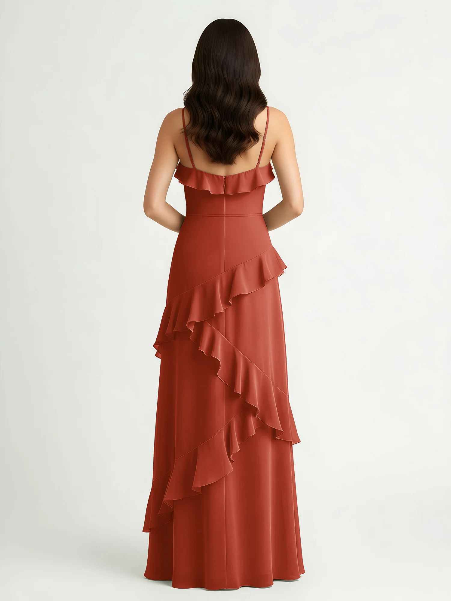 A-Line Chiffon Ruffle Floor Length V-Neck Dresses Rust - Image 2