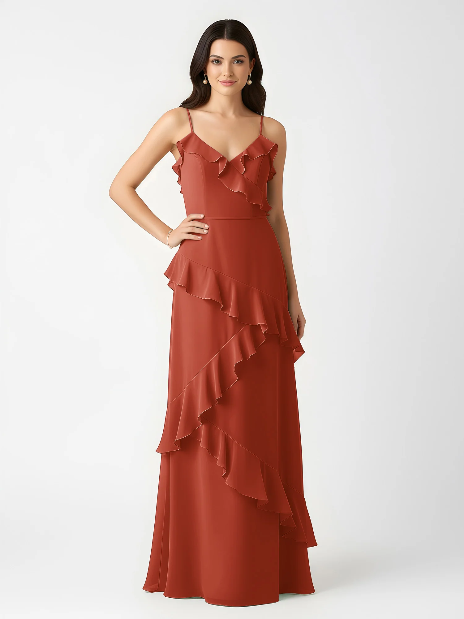 A-Line Chiffon Ruffle Floor Length V-Neck Dresses Rust - Image 3