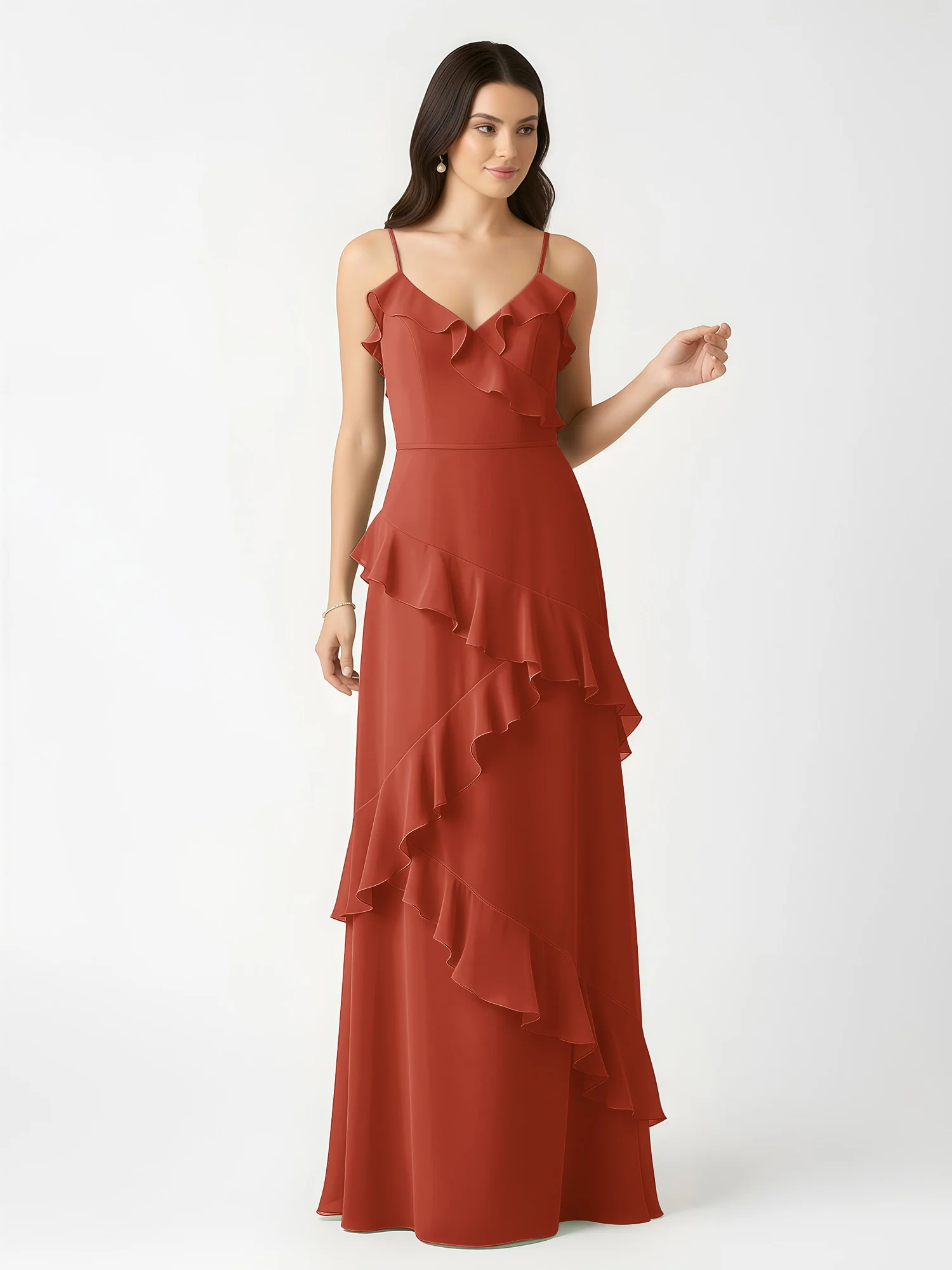 A-Line Chiffon Ruffle Floor Length V-Neck Dresses Rust - Image 4