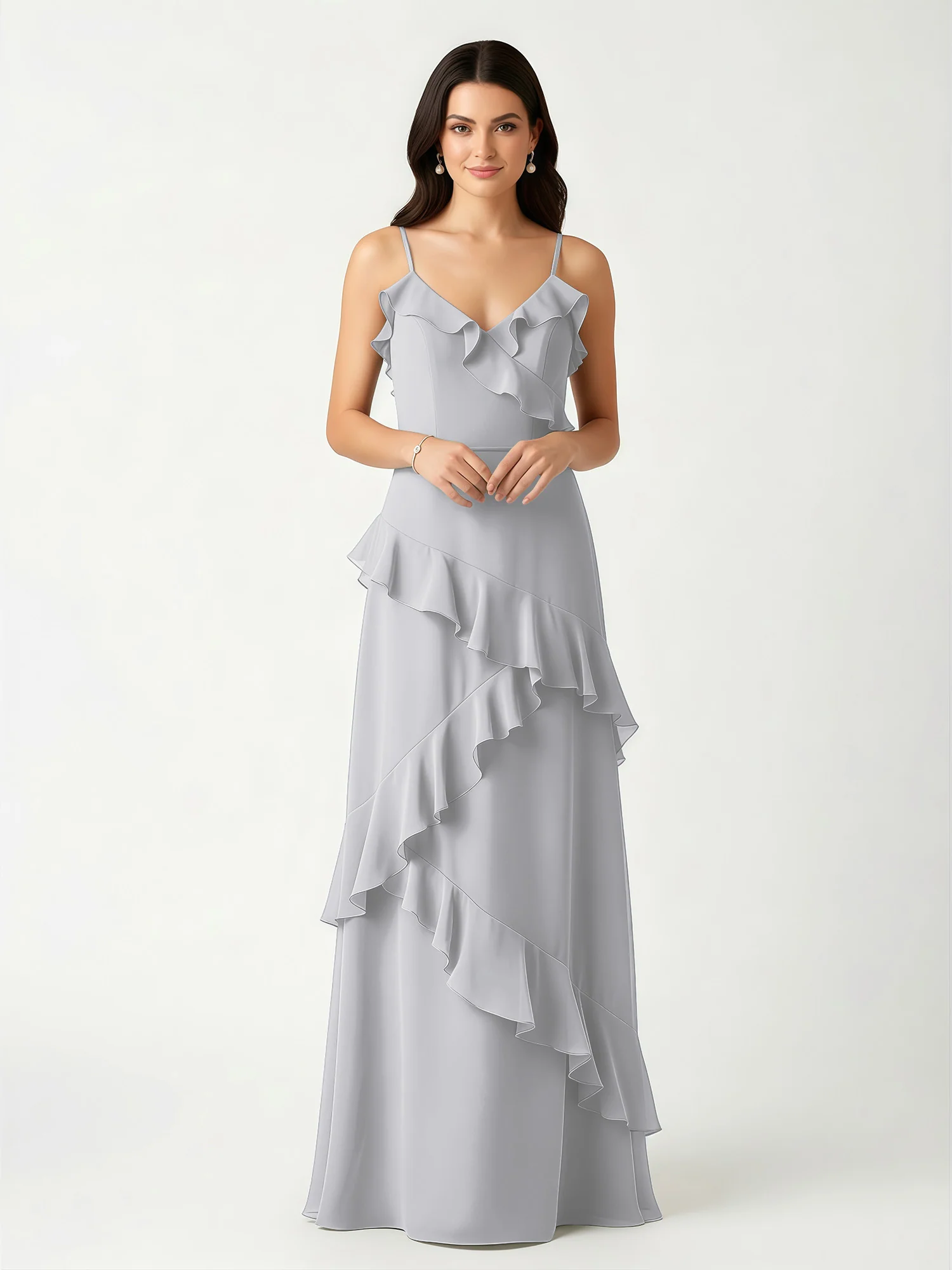 A-Line Chiffon Ruffle Floor Length V-Neck Dresses Silver