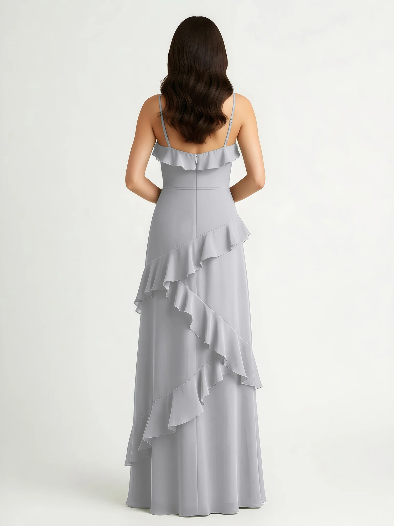 A-Line Chiffon Ruffle Floor Length V-Neck Dresses Silver - Image 2