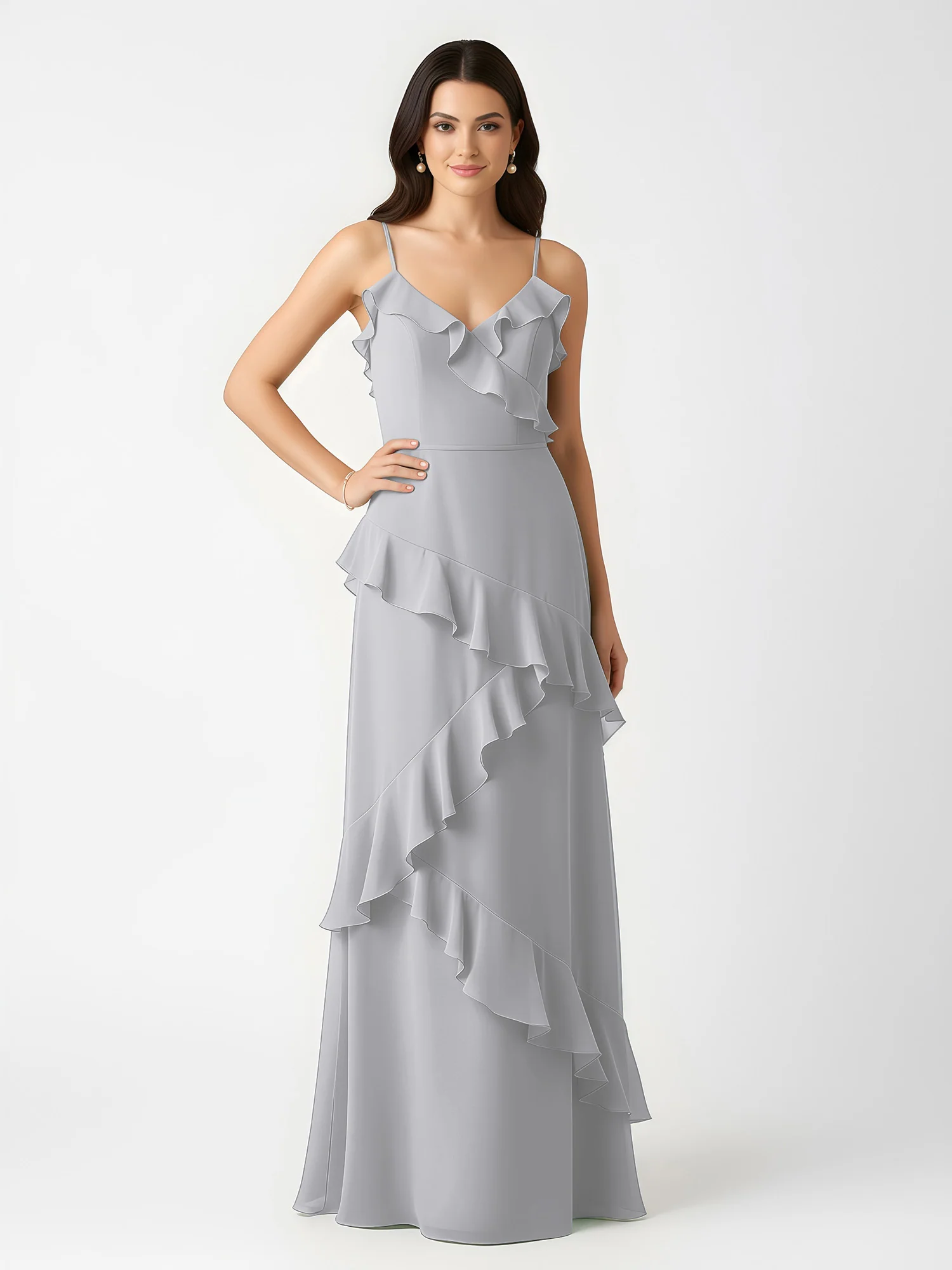 A-Line Chiffon Ruffle Floor Length V-Neck Dresses Silver - Image 3
