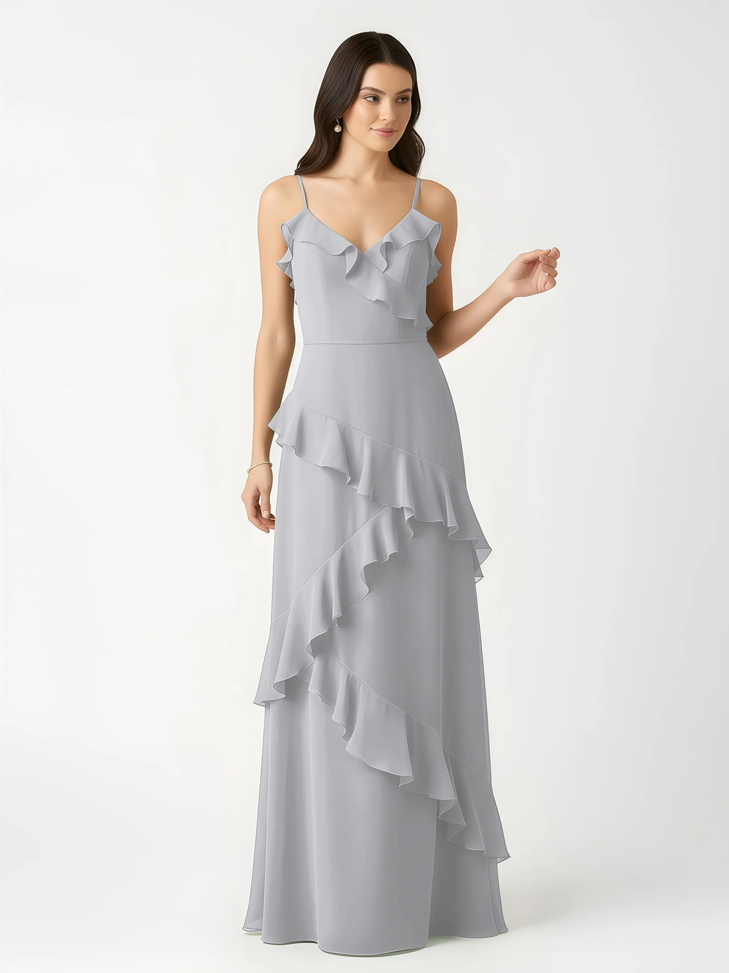 A-Line Chiffon Ruffle Floor Length V-Neck Dresses Silver - Image 4