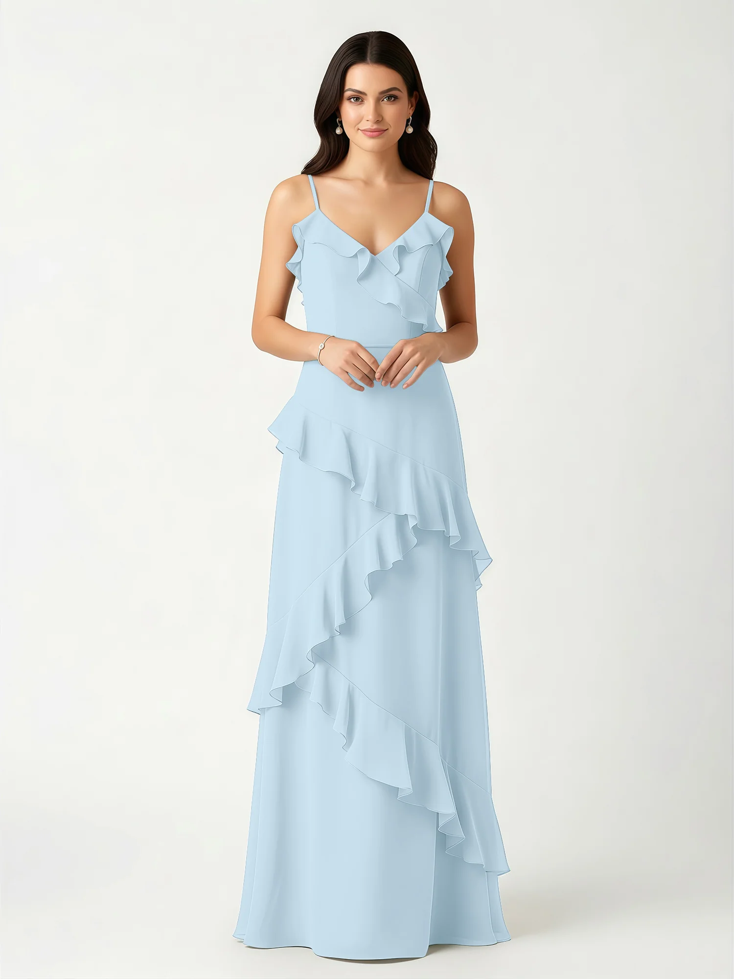 A-Line Chiffon Ruffle Floor Length V-Neck Dresses Sky Blue