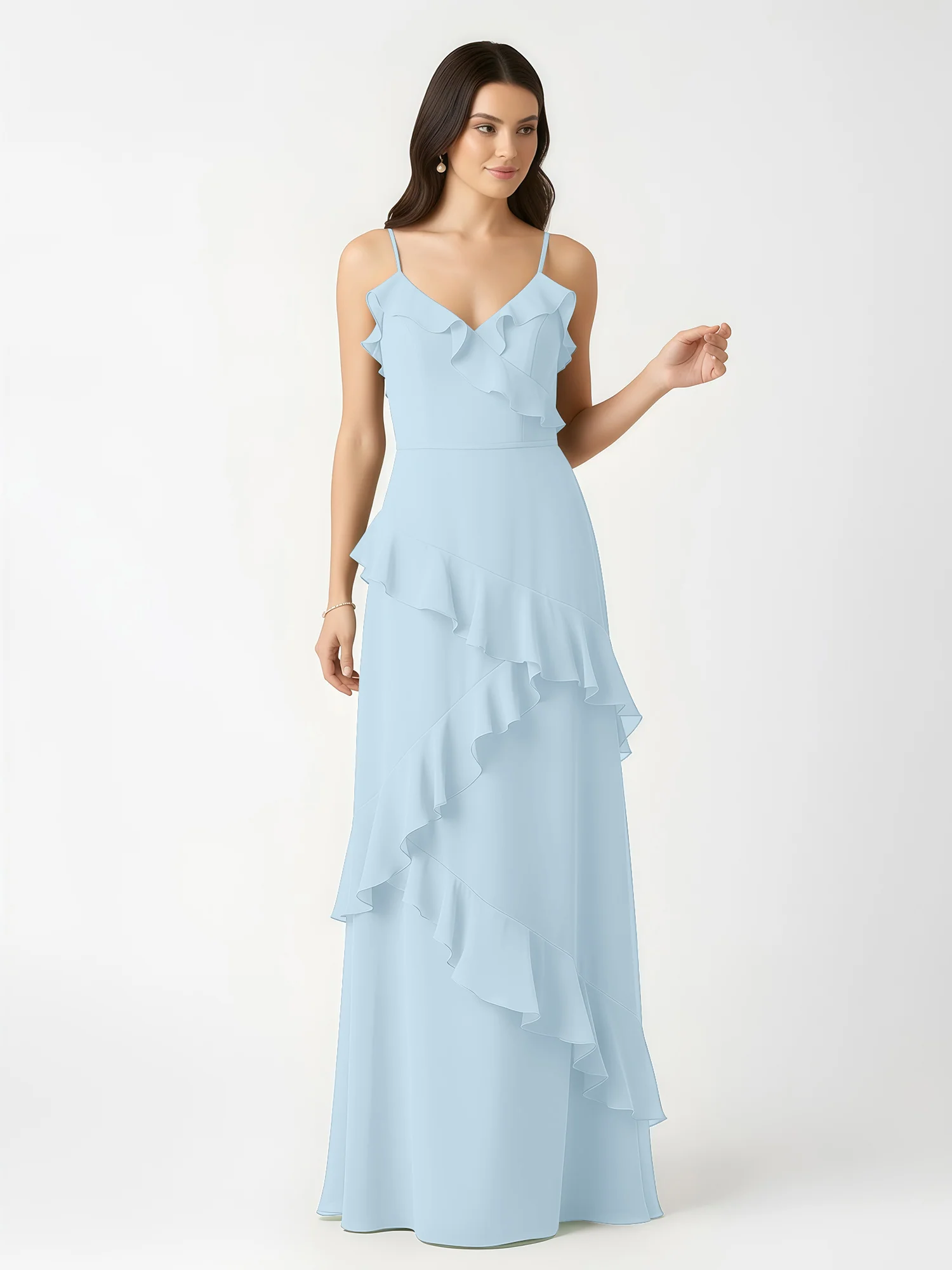 A-Line Chiffon Ruffle Floor Length V-Neck Dresses Sky Blue - Image 4