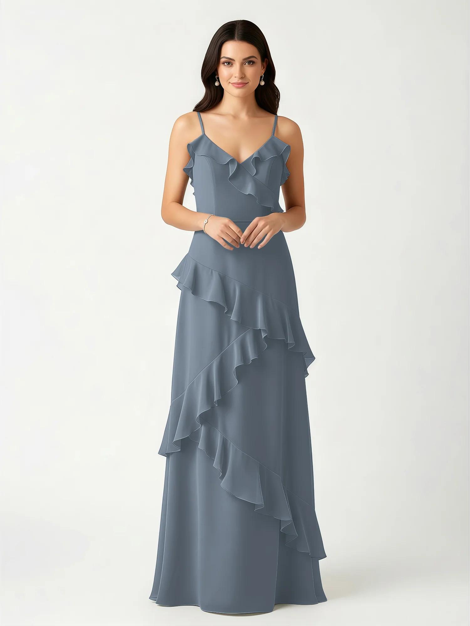 A-Line Chiffon Ruffle Floor Length V-Neck Dresses Slate Blue