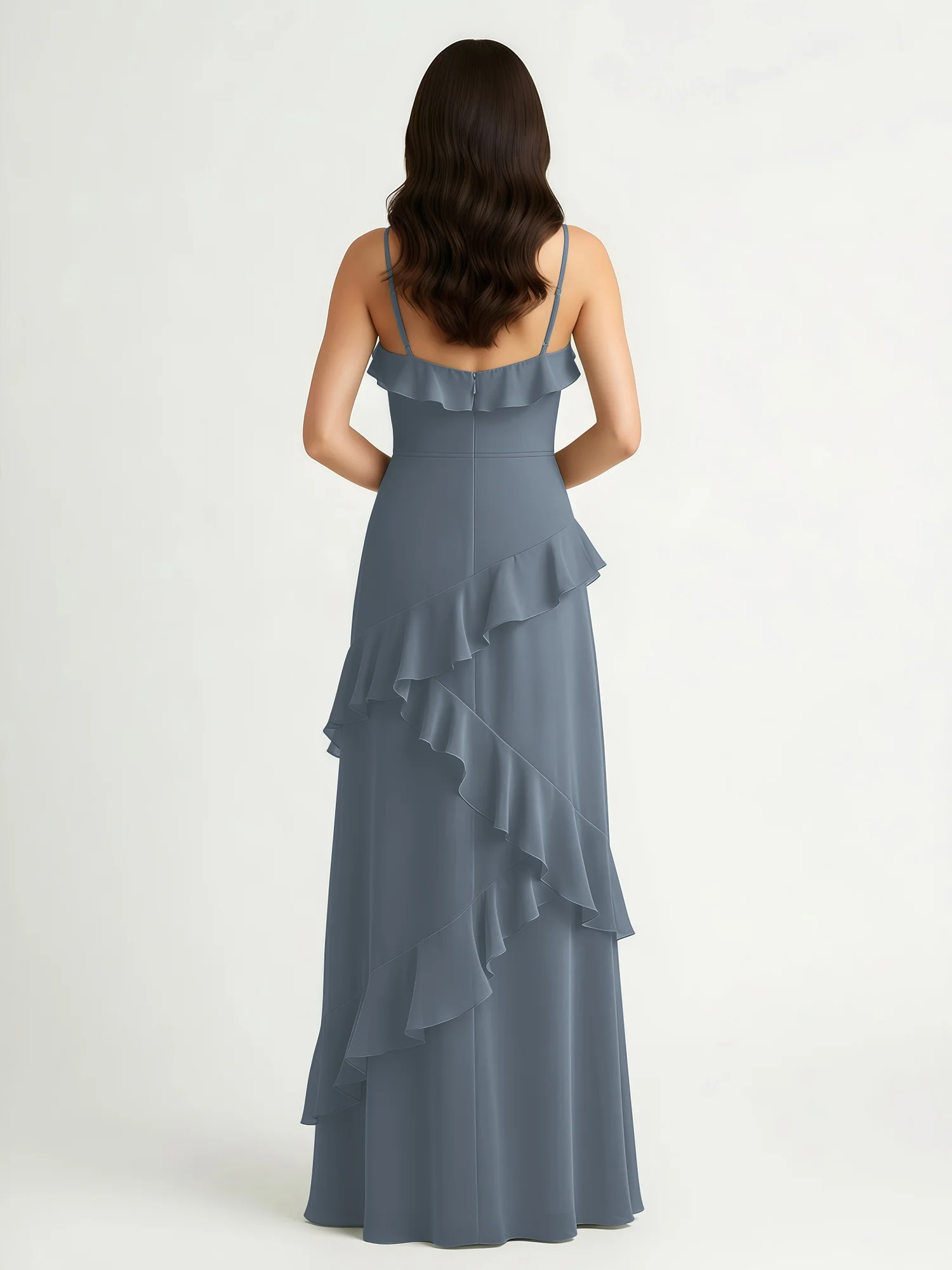 A-Line Chiffon Ruffle Floor Length V-Neck Dresses Slate Blue - Image 2