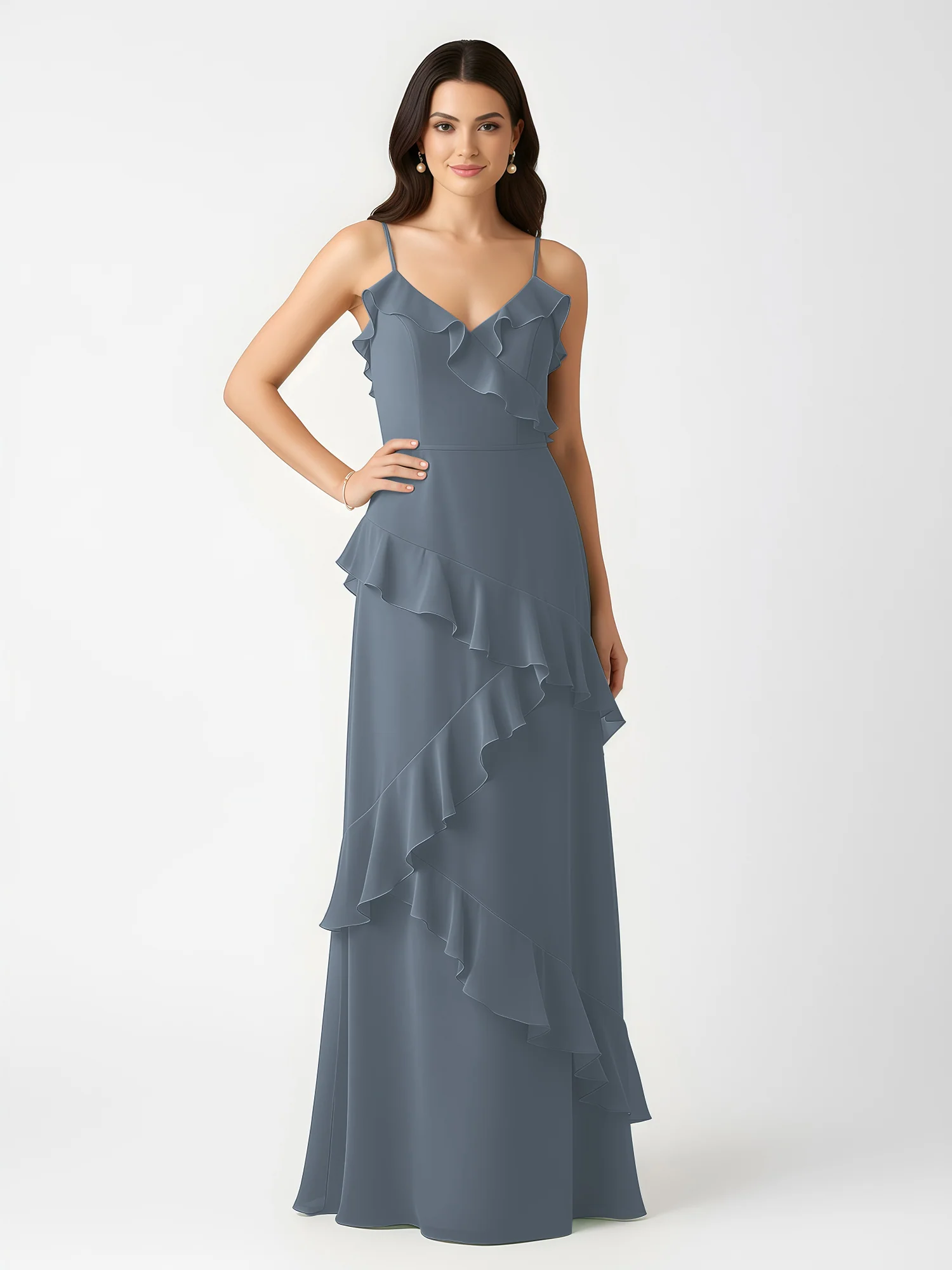 A-Line Chiffon Ruffle Floor Length V-Neck Dresses Slate Blue - Image 3
