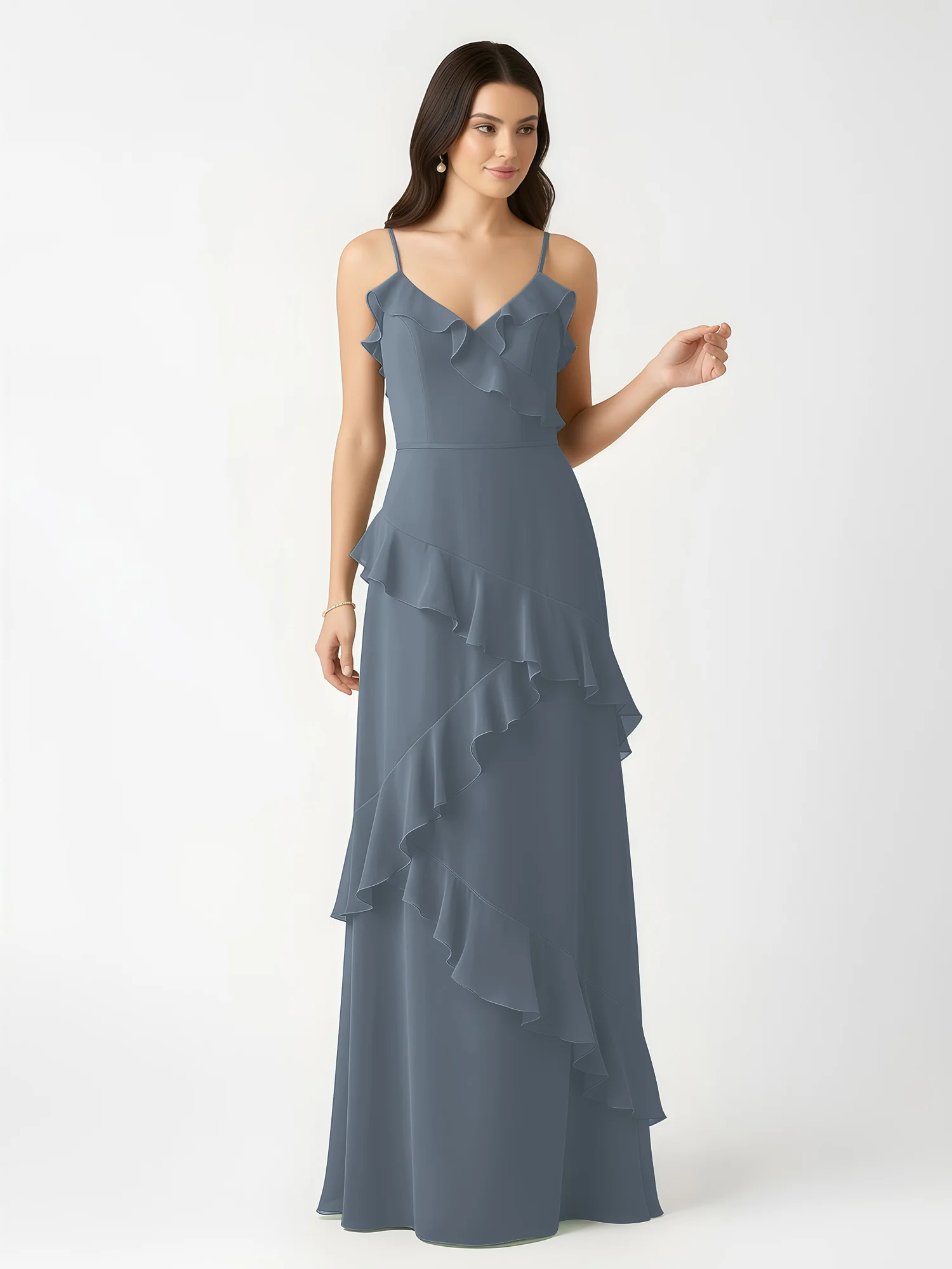 A-Line Chiffon Ruffle Floor Length V-Neck Dresses Slate Blue - Image 4