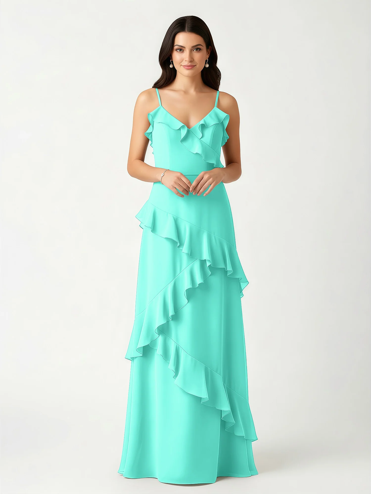 A-Line Chiffon Ruffle Floor Length V-Neck Dresses Spa