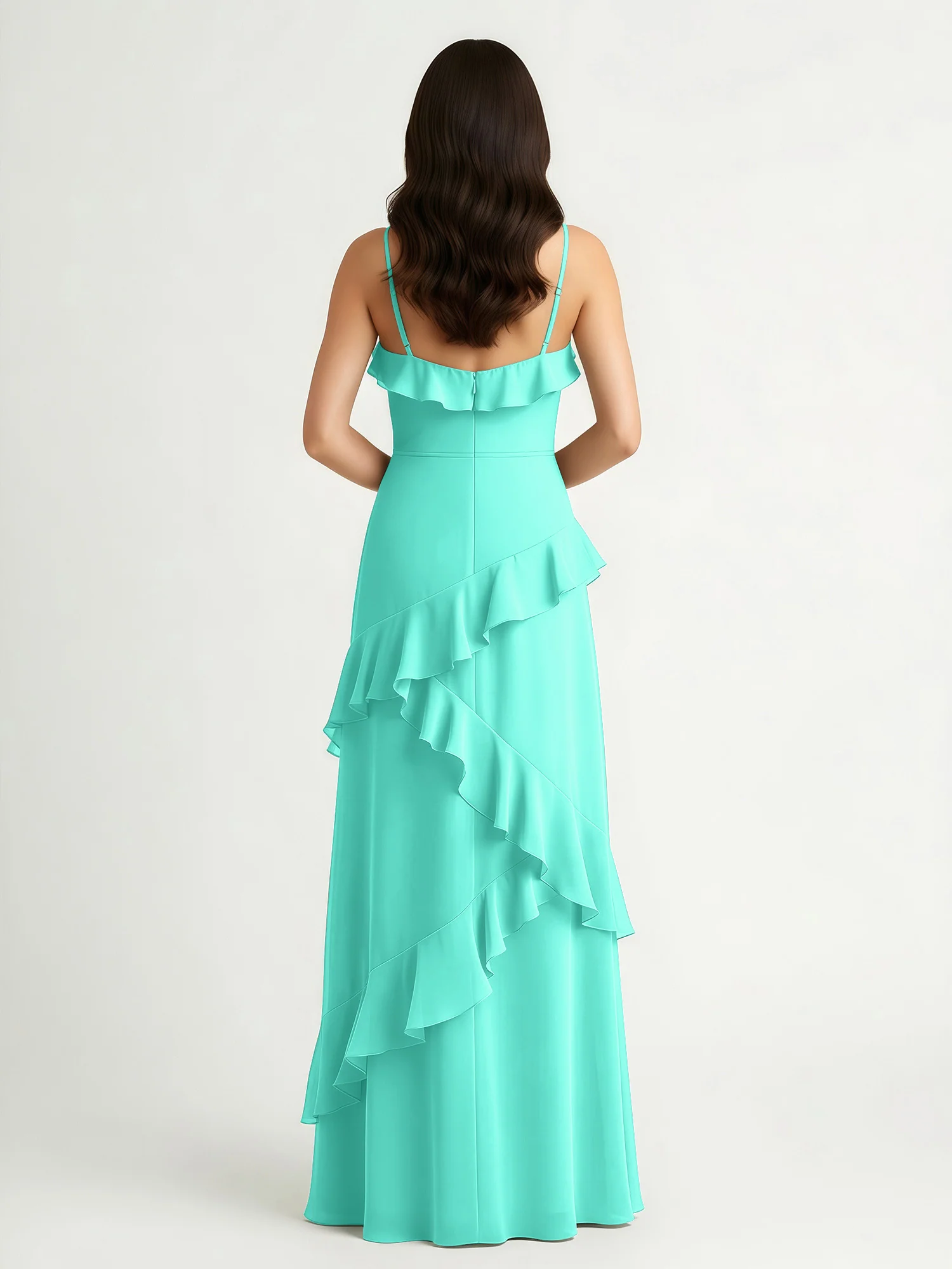 A-Line Chiffon Ruffle Floor Length V-Neck Dresses Spa - Image 2