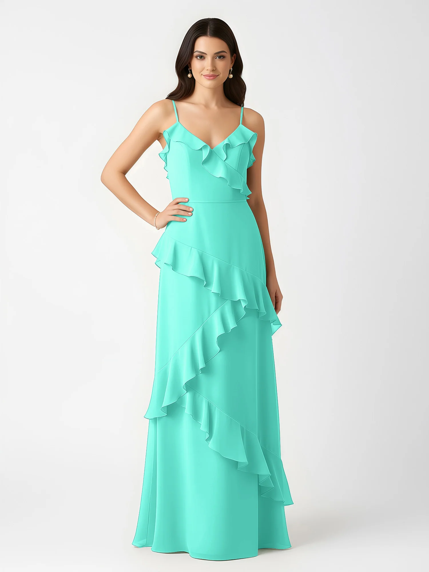 A-Line Chiffon Ruffle Floor Length V-Neck Dresses Spa - Image 3
