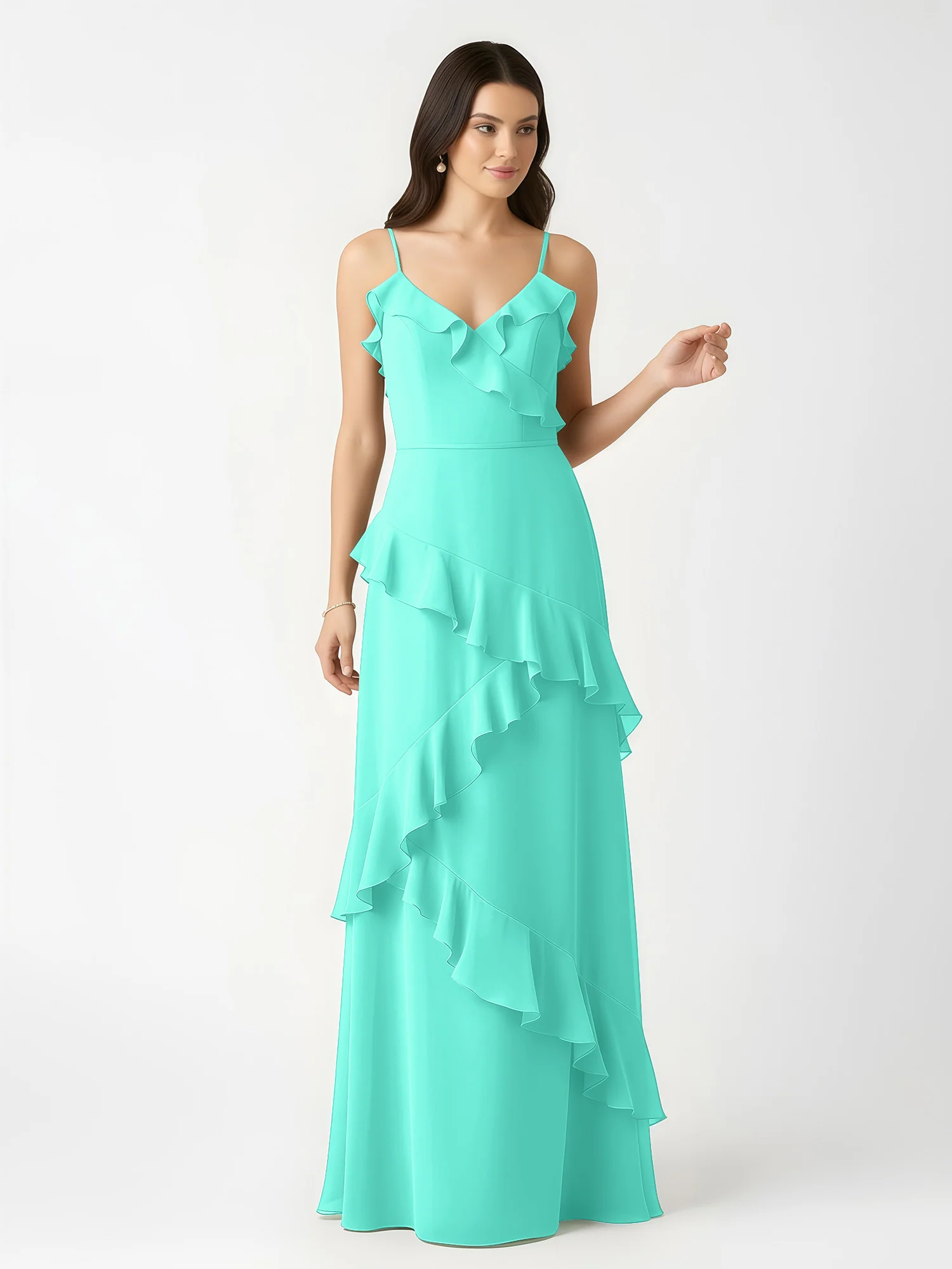 A-Line Chiffon Ruffle Floor Length V-Neck Dresses Spa - Image 4