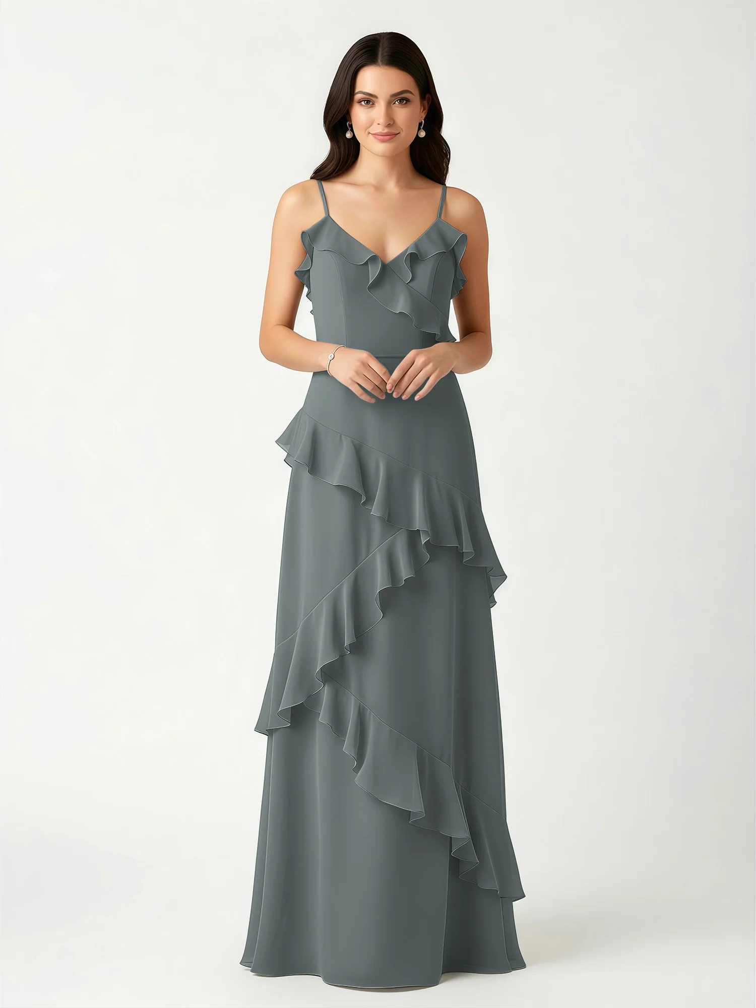 A-Line Chiffon Ruffle Floor Length V-Neck Dresses Steel Grey
