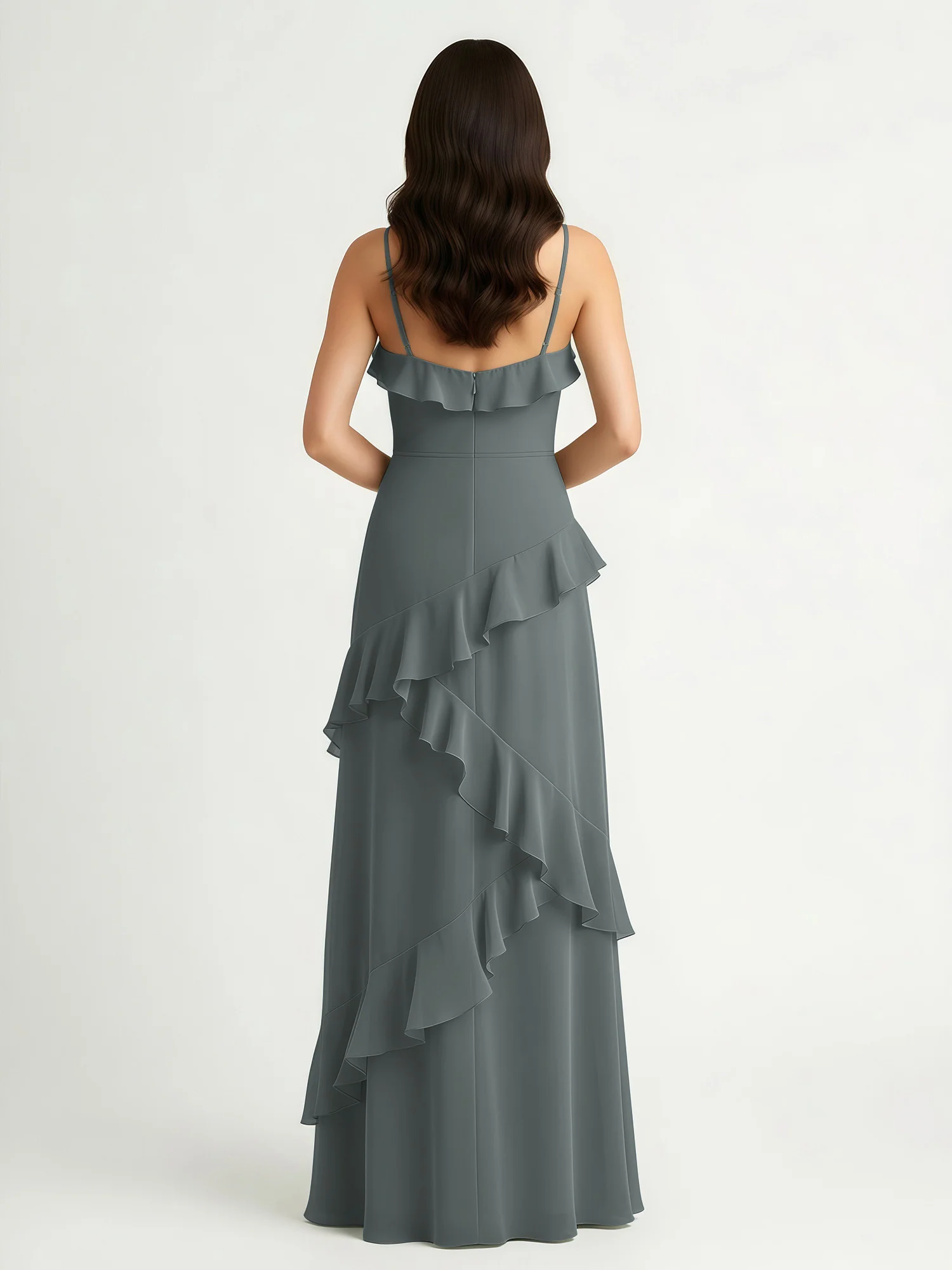 A-Line Chiffon Ruffle Floor Length V-Neck Dresses Steel Grey - Image 2