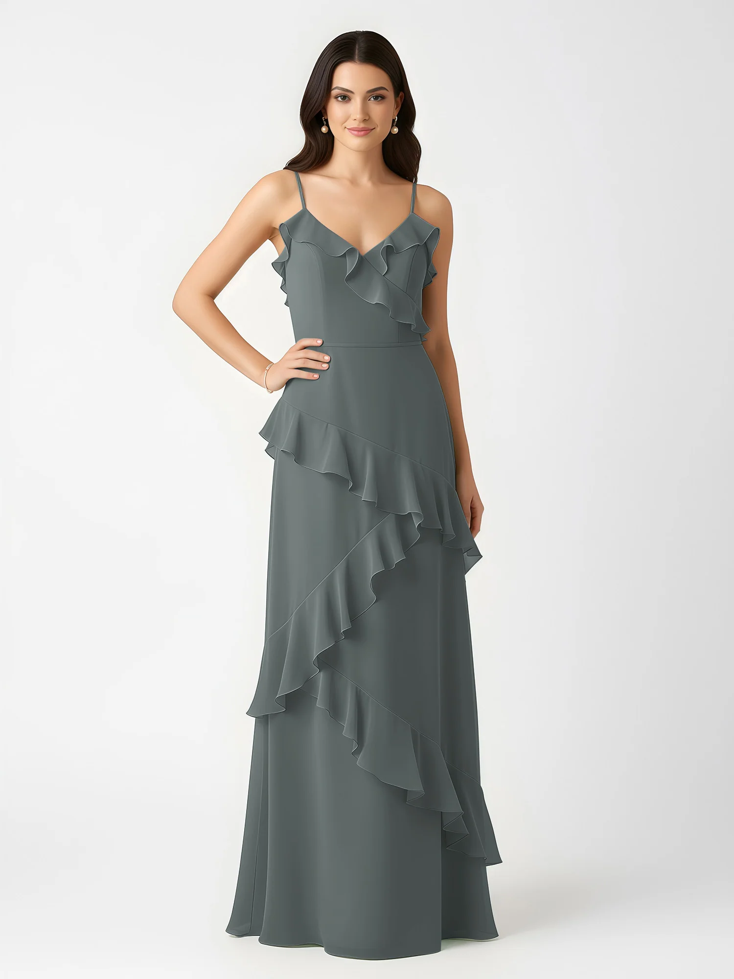 A-Line Chiffon Ruffle Floor Length V-Neck Dresses Steel Grey - Image 3