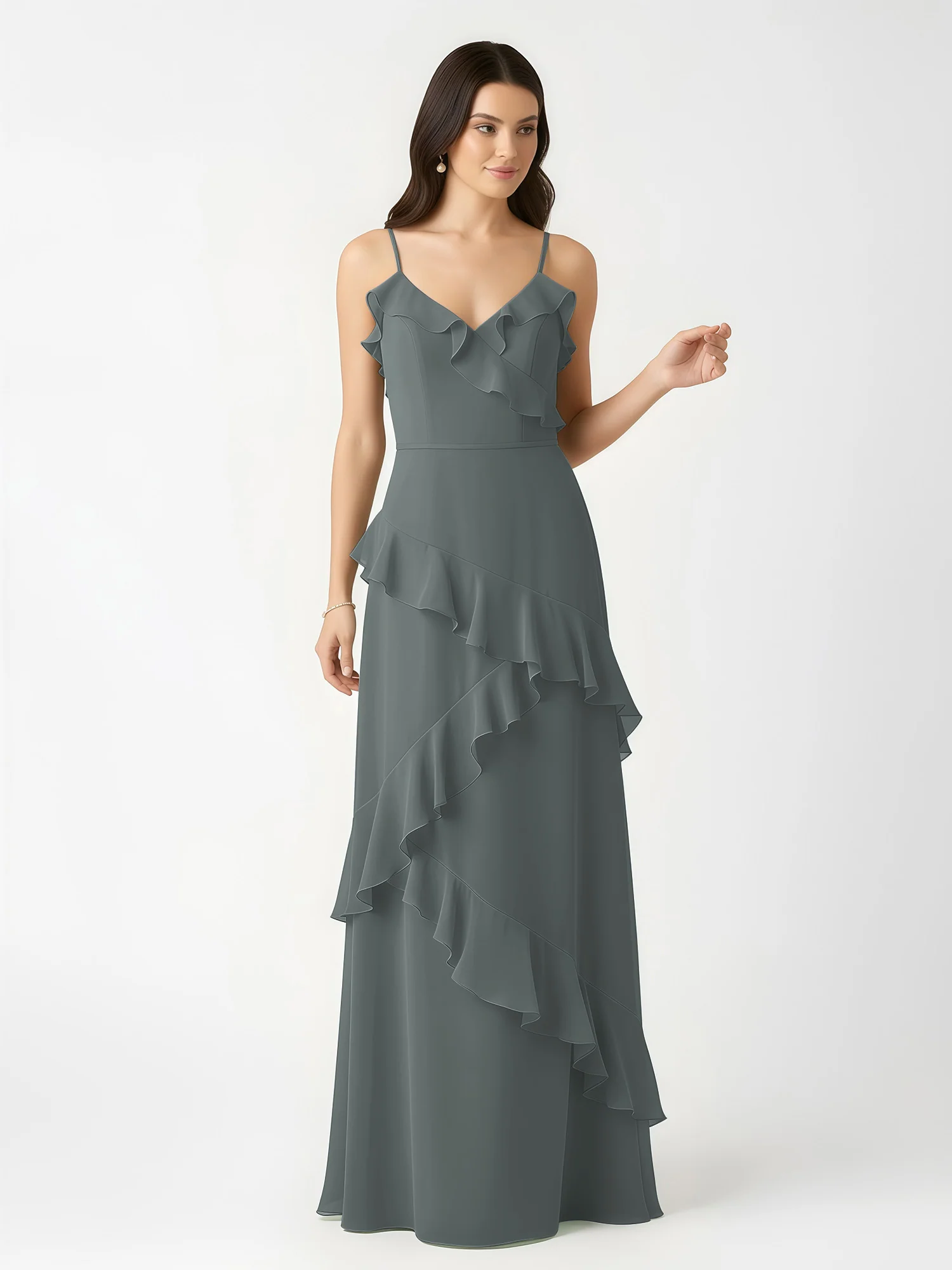 A-Line Chiffon Ruffle Floor Length V-Neck Dresses Steel Grey - Image 4