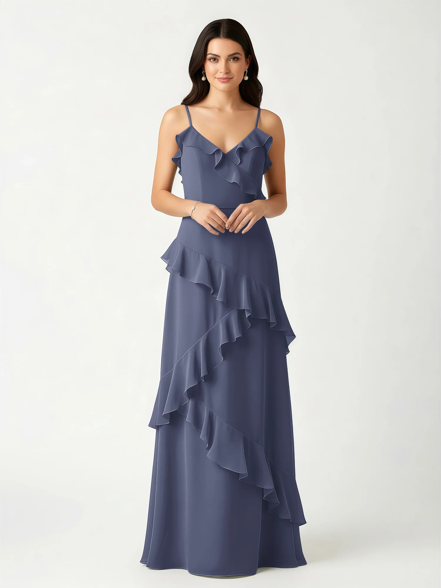 A-Line Chiffon Ruffle Floor Length V-Neck Dresses Stormy