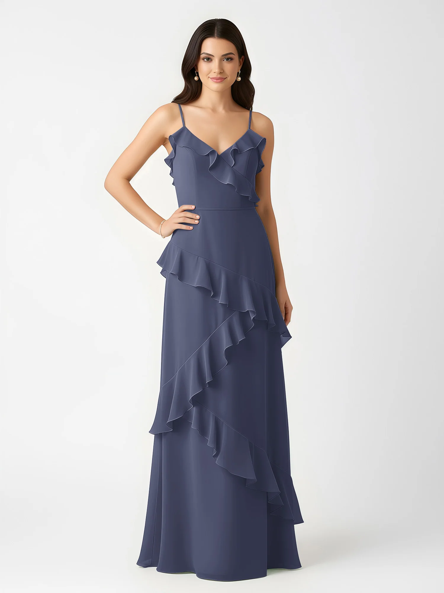 A-Line Chiffon Ruffle Floor Length V-Neck Dresses Stormy - Image 3