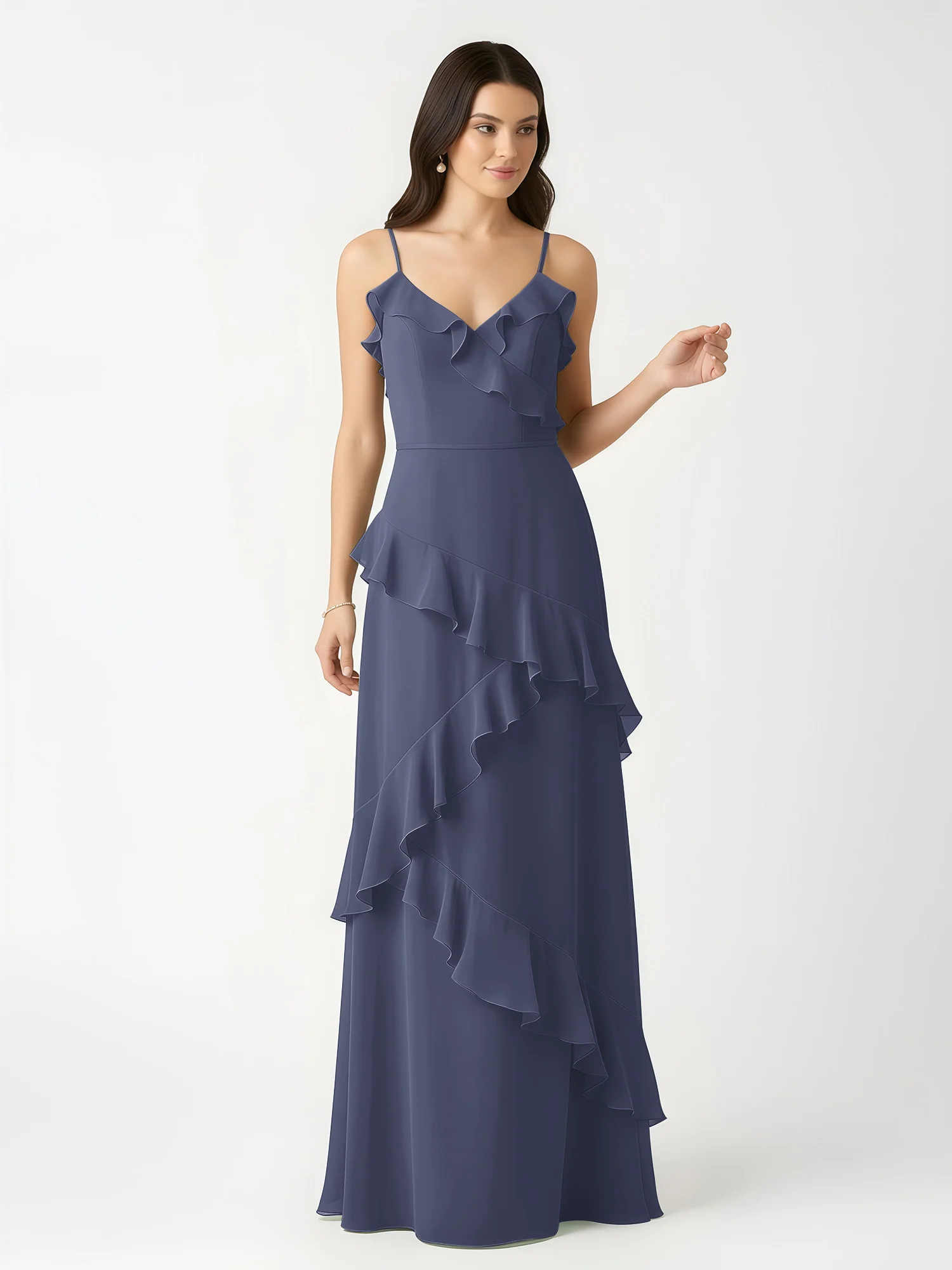 A-Line Chiffon Ruffle Floor Length V-Neck Dresses Stormy - Image 4