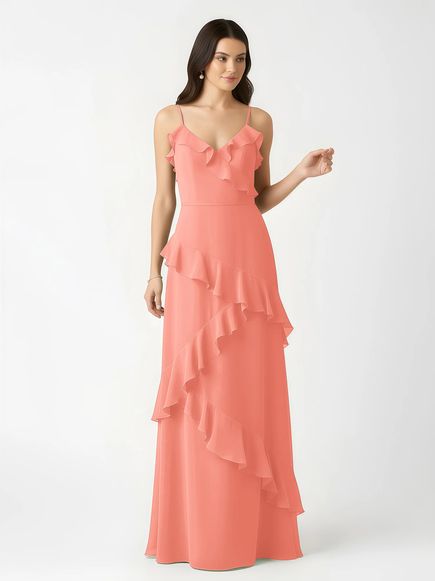 A-Line Chiffon Ruffle Floor Length V-Neck Dresses Sunset - Image 4