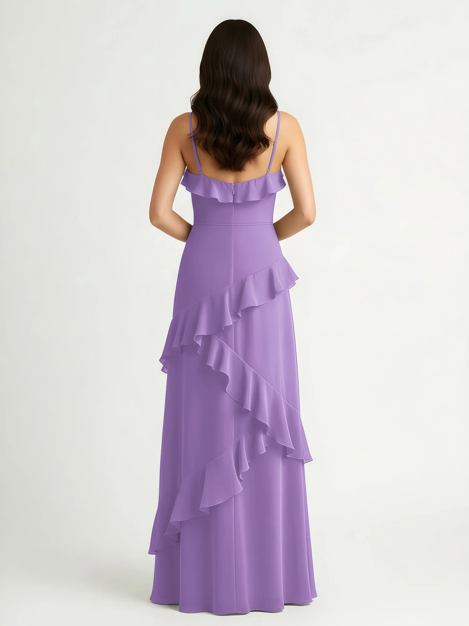 A-Line Chiffon Ruffle Floor Length V-Neck Dresses Tahiti - Image 2