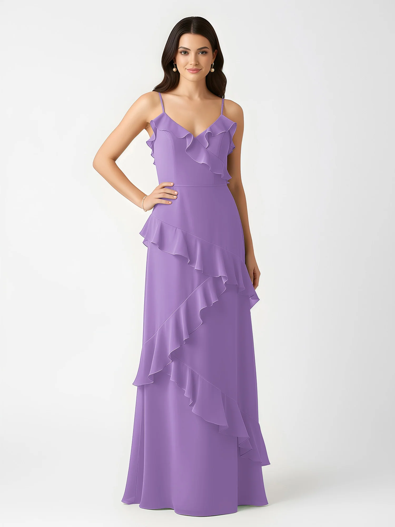 A-Line Chiffon Ruffle Floor Length V-Neck Dresses Tahiti - Image 3