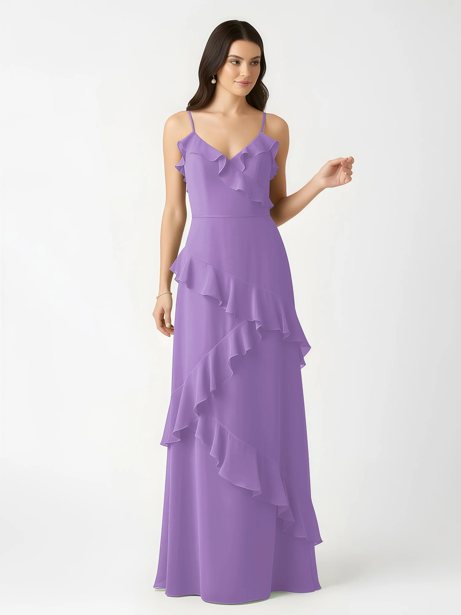 A-Line Chiffon Ruffle Floor Length V-Neck Dresses Tahiti - Image 4