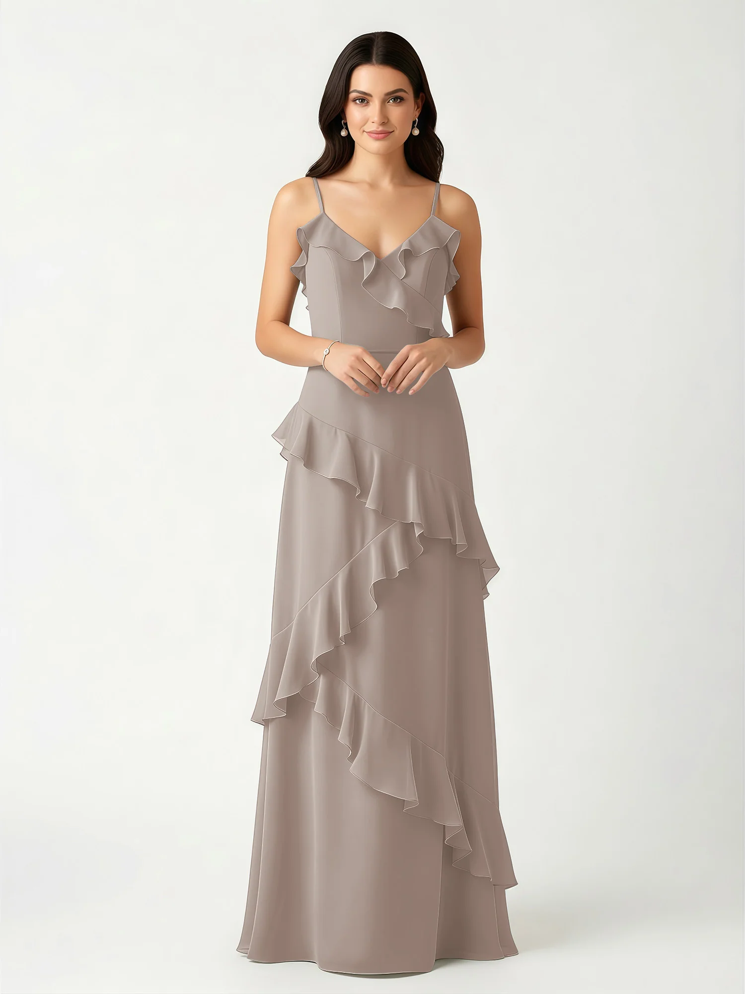 A-Line Chiffon Ruffle Floor Length V-Neck Dresses Taupe